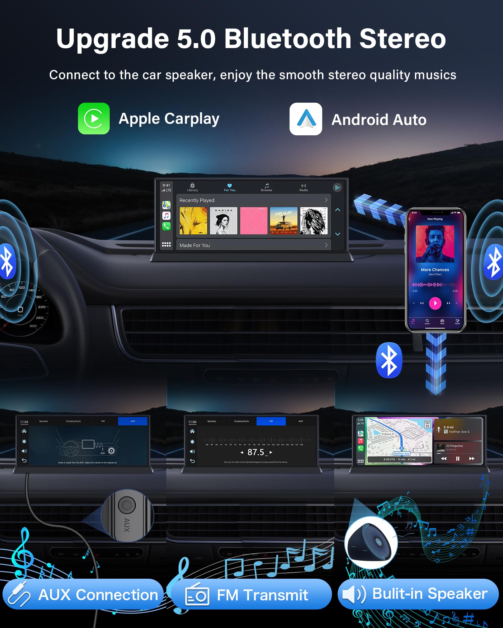11,3'' Pantalla Carplay Android Auto con 4K Dashcam OEM Soporte de Pie | 350° Giratorio Cámara Frontal 4K + Cámara Trasera 1080P, BT Audio, Dispositivos de Navegación, Grabación en Bucle, General