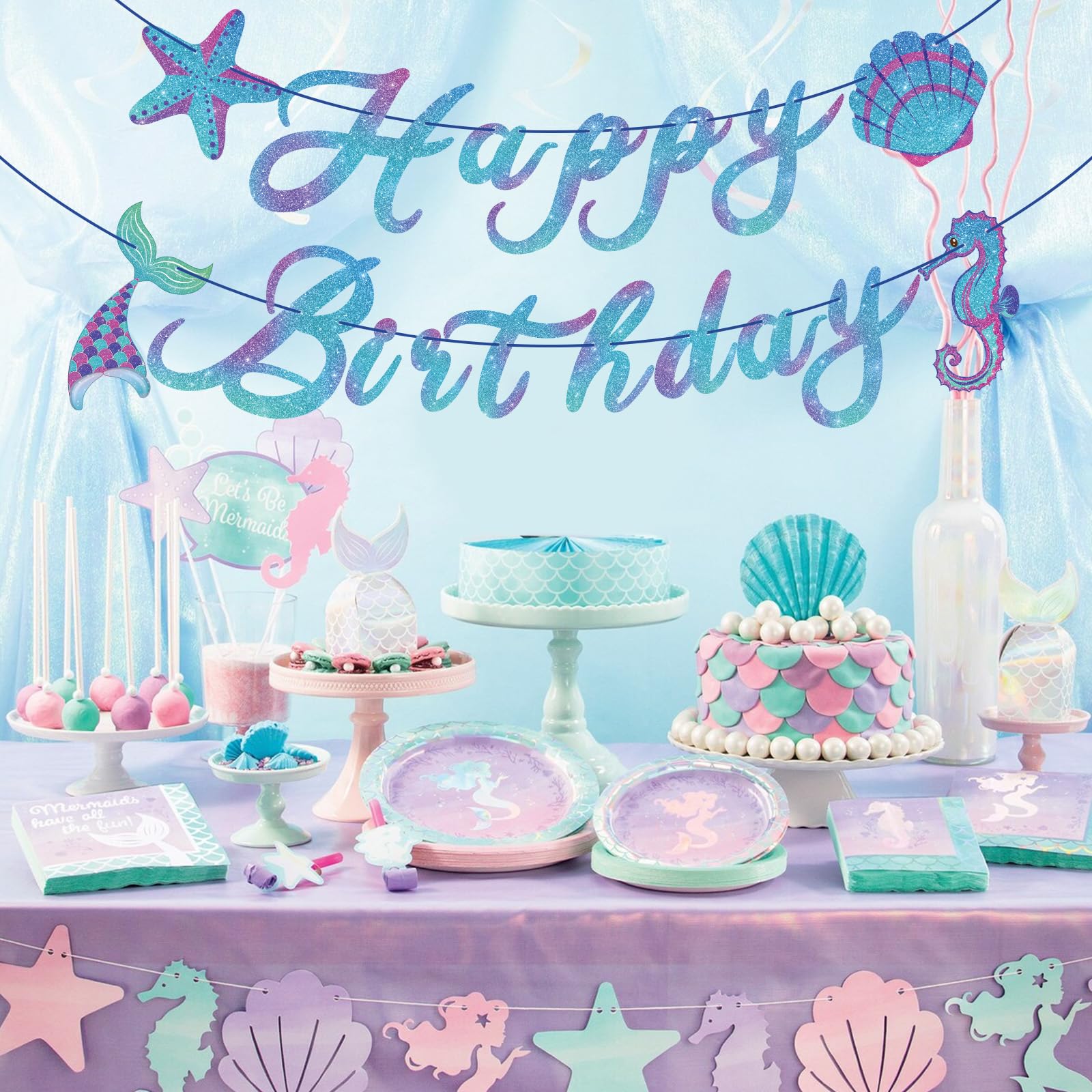 Hooqict Meerjungfrau Geburtstag Dekorationen Meerjungfrau Happy Birthday Banner Girlande Schild für Mädchen Baby 1. 2. 3. Party Banner unter dem Meer Motto Party Supplies hängende Dekorationen