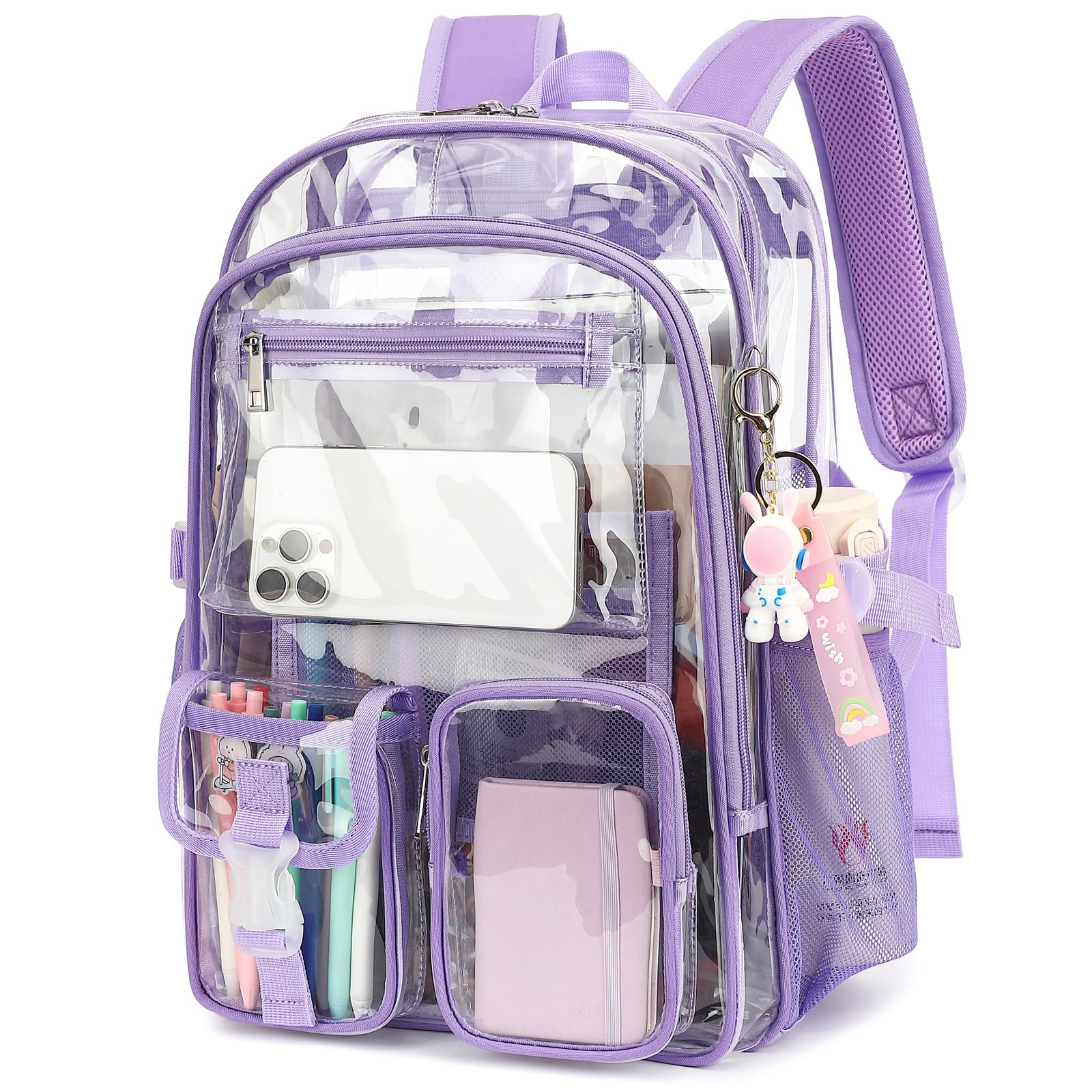 Kouxunt Clear Backpack Heavy Duty Transparent Backpacks Stadium Approved for School Work Sport Travel (Lavender Purple)