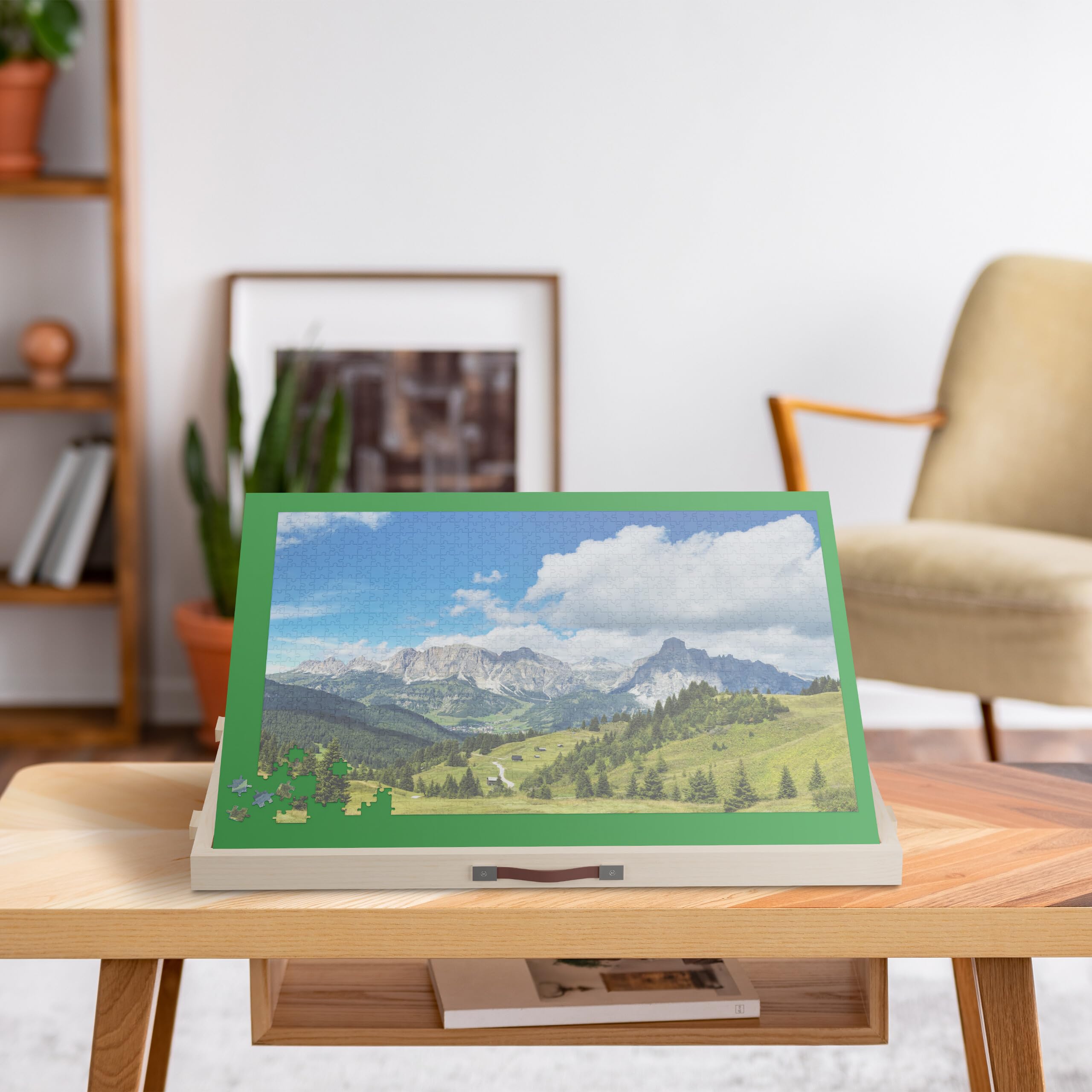 Relaxdays 1000 Pz Porta Puzzle, Vassoio Inclinabile e Pannello, Supporto Tavolo da Gioco, Legno Naturale, Verde