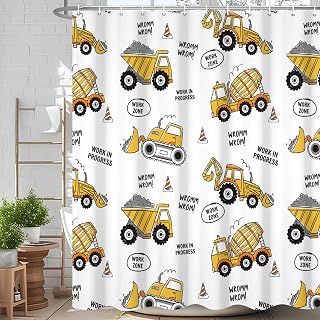 Cartoon Construction Site Work Zone Shower Curtain Dump Truck Digger Kids Bath Curtain Waterproof Washable Fabric Bathroom Bathtub Decor Shower Curtain Set with Hooks 72x72 Inch