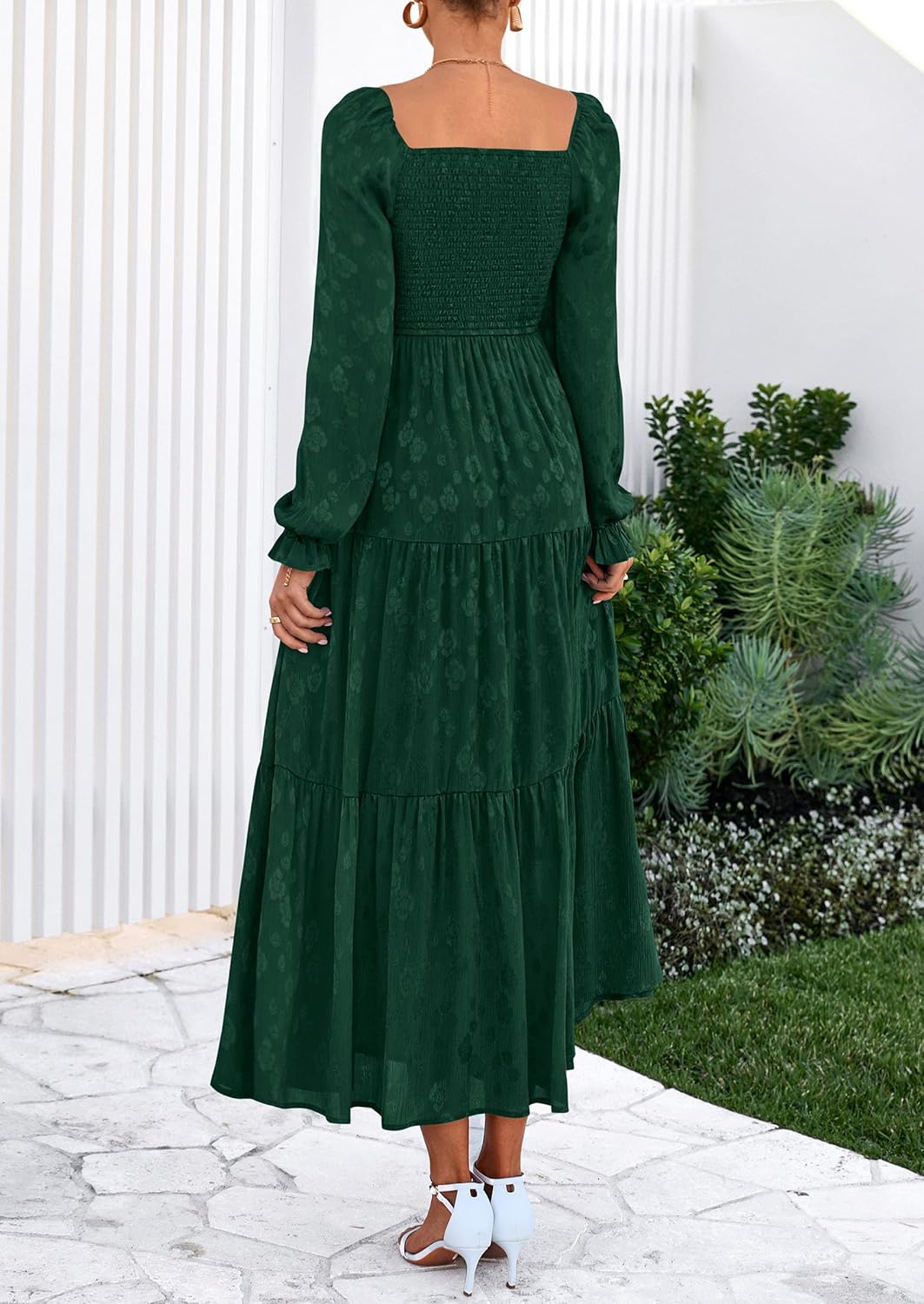 PRETTYGARDEN Wedding Guest Dresses for Women Floral Long Sleeve Smocked Tiered Elegant Long Flowy Boho Dress - Image 6