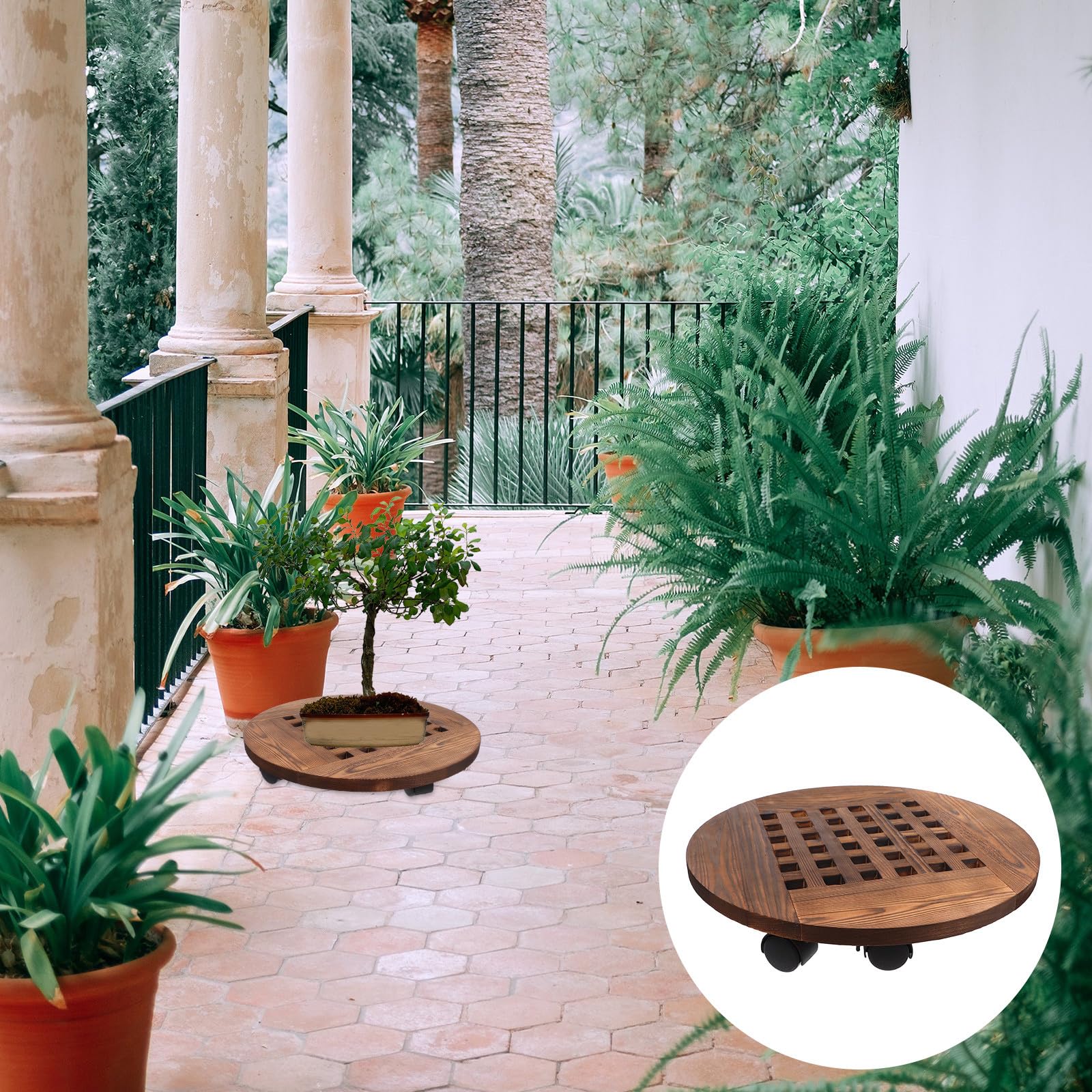 GALPADA Support à Plantes à Roulettes Base Circulaire 40 CM et Chariot en Bois pour Pots Ronds pour Intérieur et Extérieur