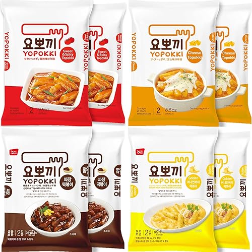 Yopokki 4 sabores de Topokki coreano (dulce y suave picante, queso, jajang, cebolla Tteokbokki Pack de 8))