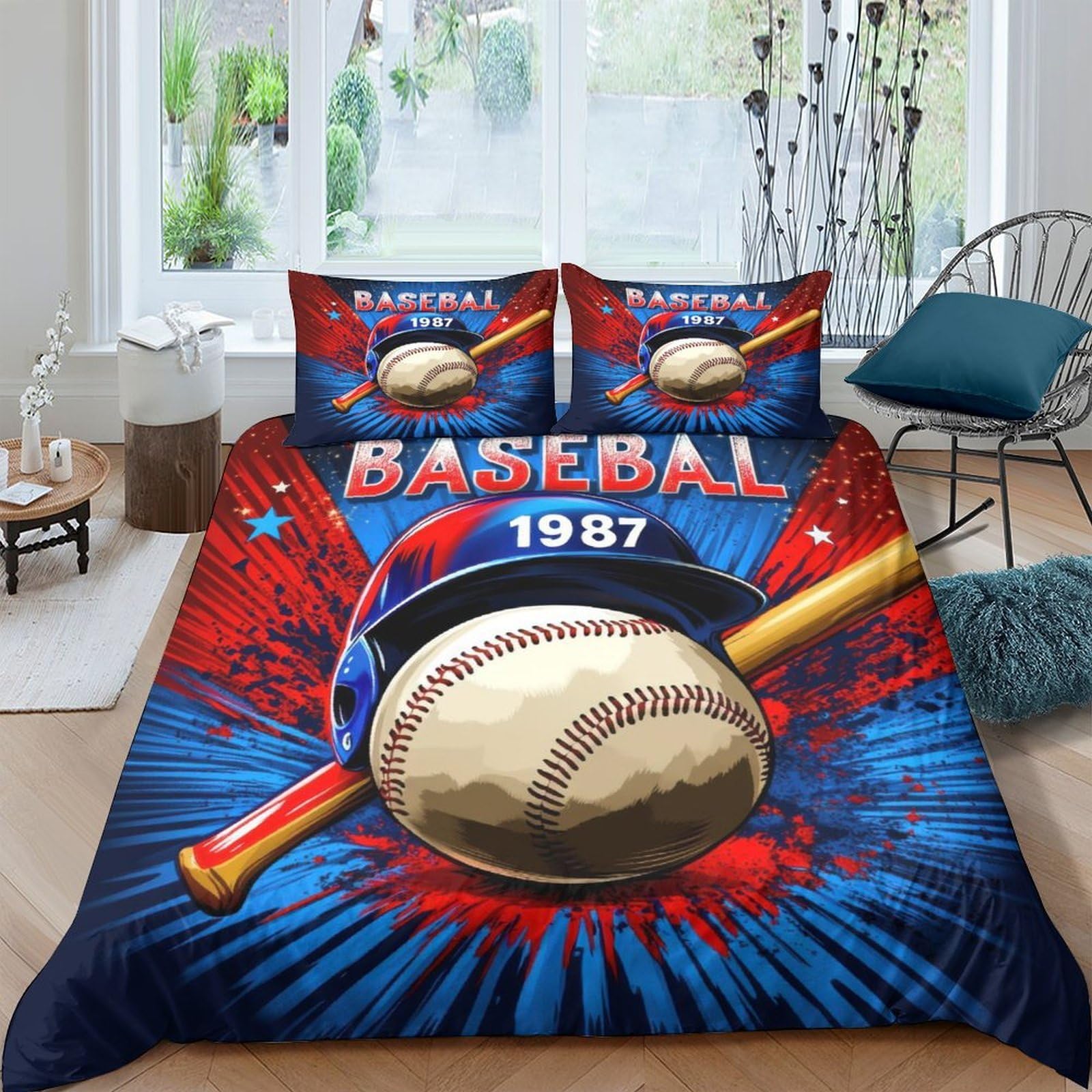 Ctjqhvkz Style-7 3D Printed Baseball Bat Fitted Sheet Microfiber Soft Blue Red Sports Ball Bed Cover For Bedroom Guest Room Decor Single（135X200cm）
