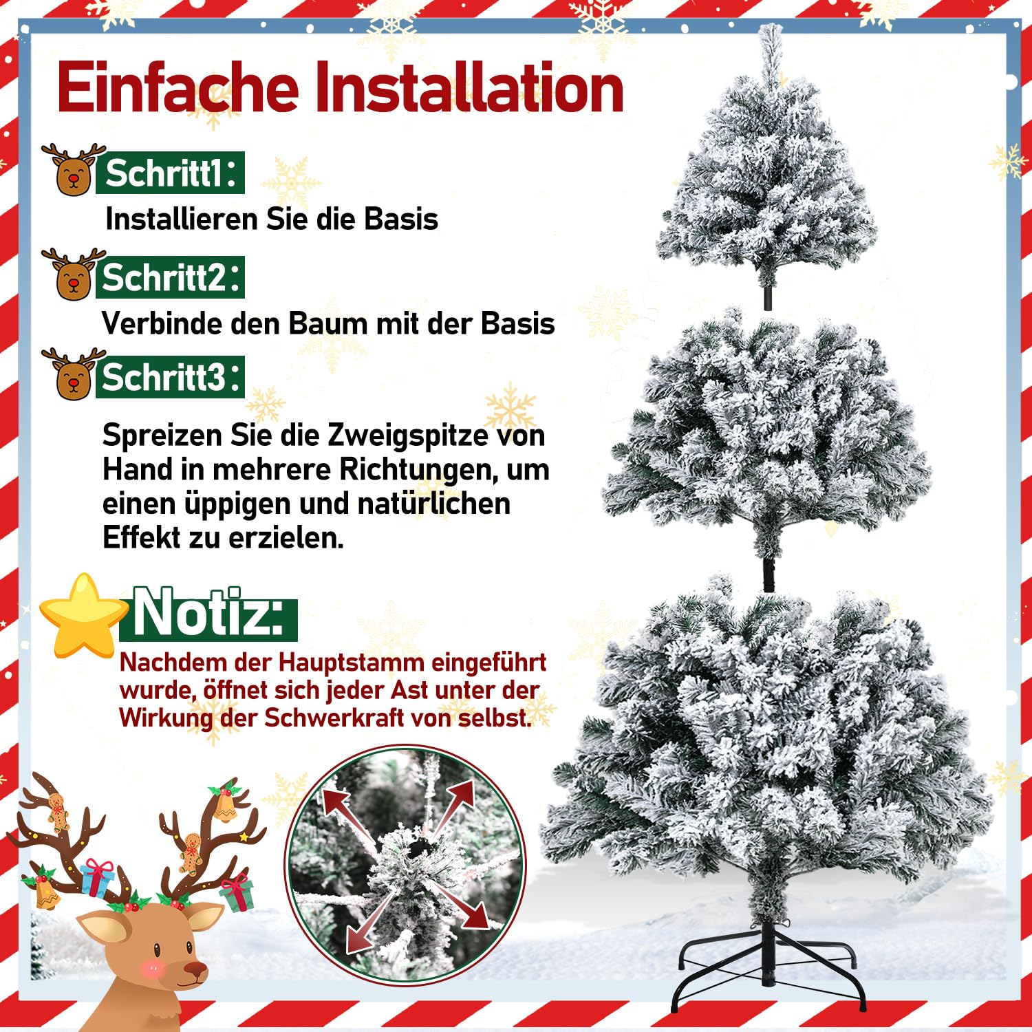 Randaco Sapin de Noël Artificiel en PVC floqué de Neige 150 cm - 550 Pointes avec Support en métal - Difficilement Inflammable - Montage Facile