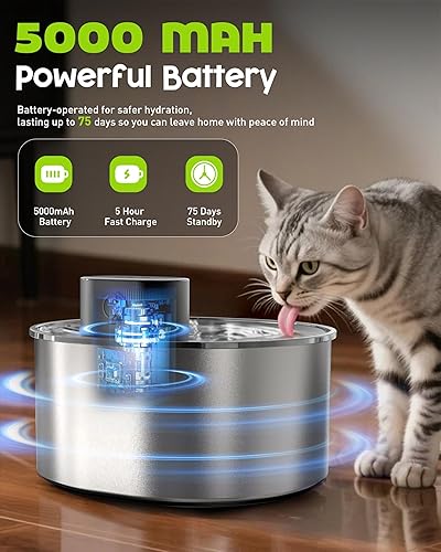 Miniatura 8 de Fuente de agua para gatos sin bomba, fuente de agua inalámbrica de acero inoxidable de 3.2L108 onzas con 3 filtros, dispensador automático