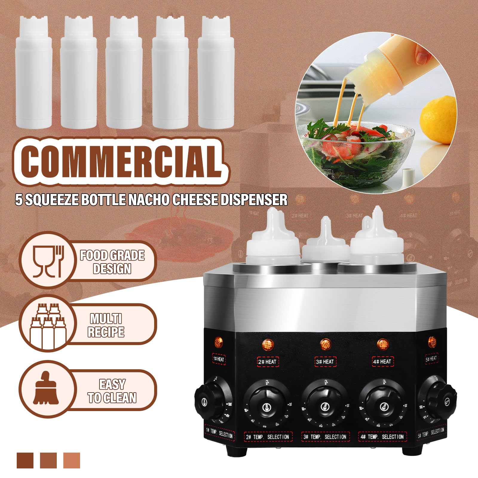 Dispensador eléctrico comercial para calentar salsas, 0.68 x 5 cuartos de galón, chocolate caliente, queso nacho, calentador de 30.0-85.0 °C, con botellas ajustables