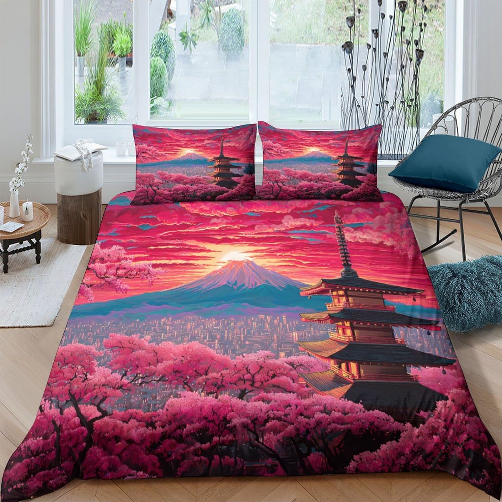 Ctjqhvkz Style-3 3D Printed Cherry Blossom Landscape Fitted Sheet Microfiber Soft Breathable Mount Fuji Bed Cover For Bedroom Guest Room Decor Single（135X200cm）