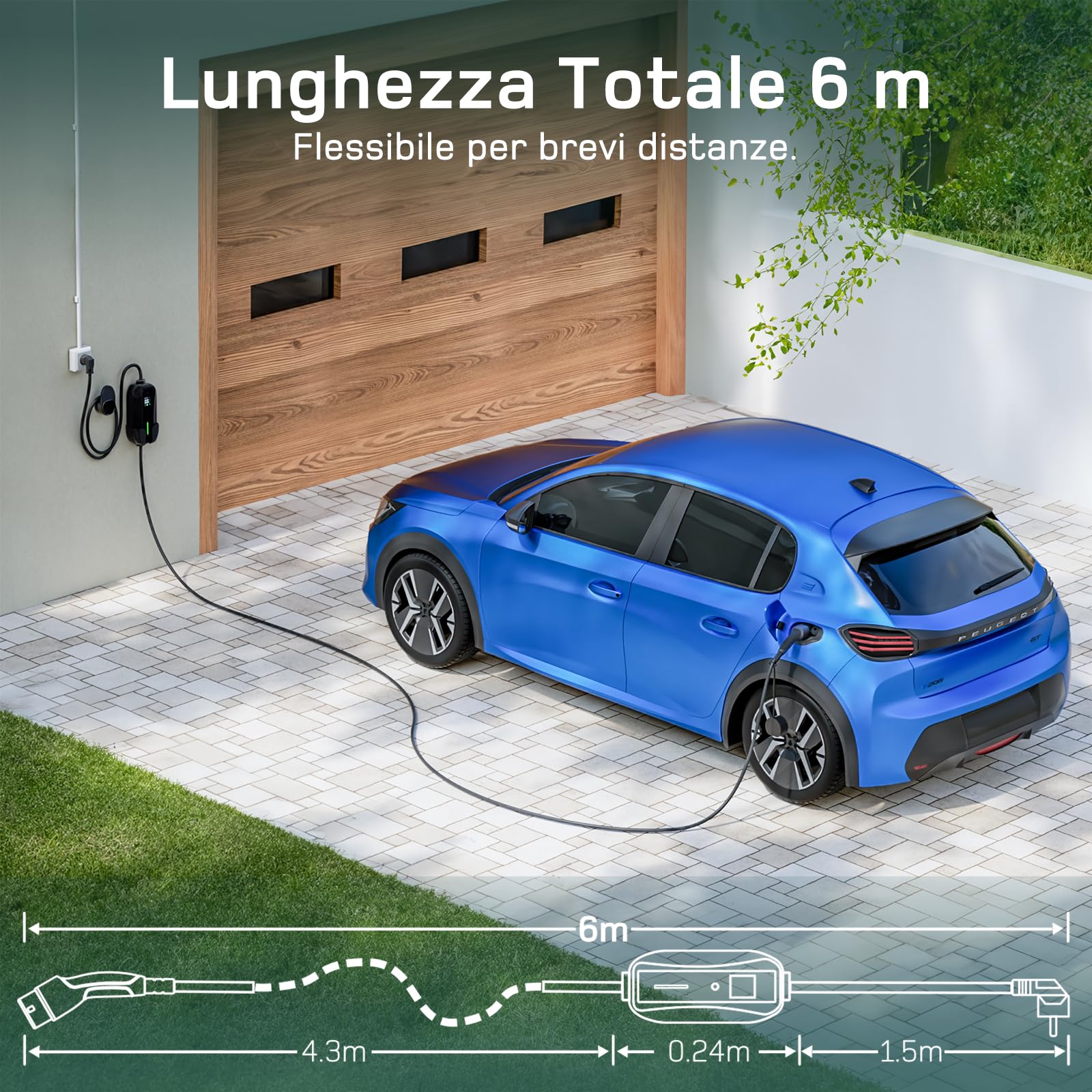 dé Cavo Ricarica Auto Elettrica Tipo 2 Schuko 6m [3,7kW| 6-16A] Colonnina Ricarica Auto Elettrica, Wallbox Portatile con LCD Digitale e Supporto Compatibile con Model 3/Y, Seal U e Altri EV/PHEV