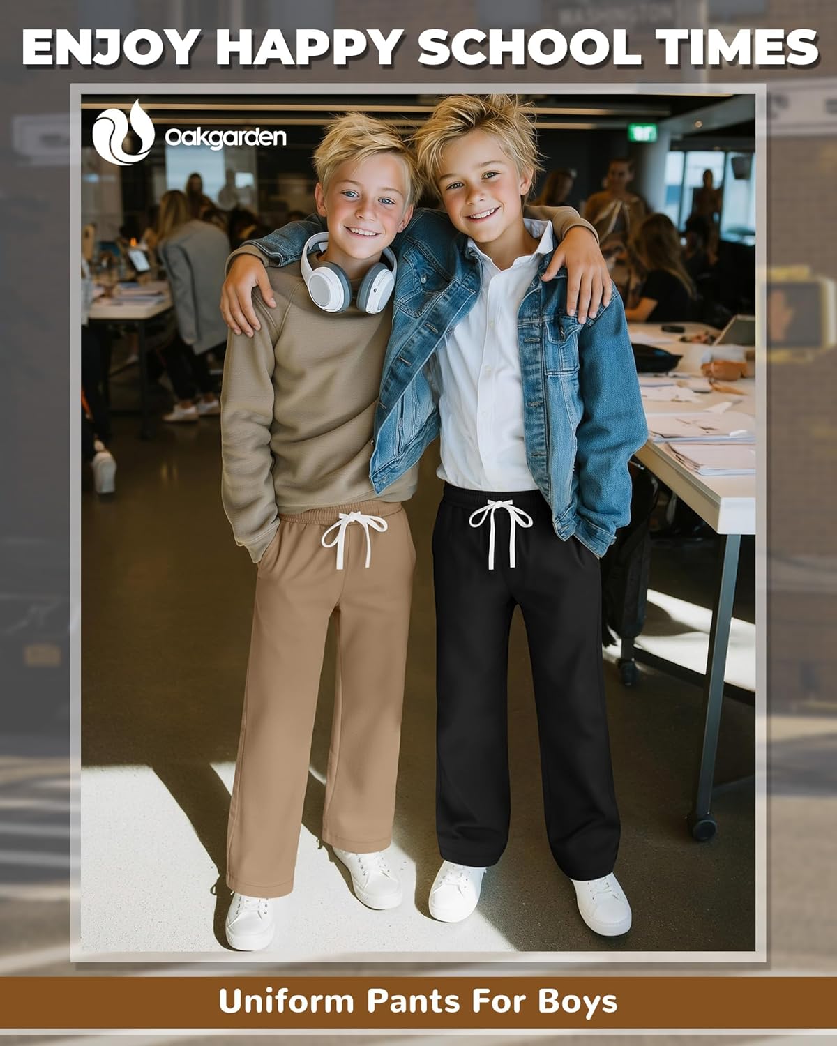 Oakgarden 3 Pack Boys' School Uniform Pants Cotton Straight Leg Trousers Casual Drawstring Pants with Pockets Size 6-16 Years