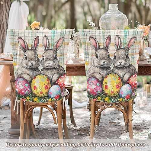 Miniatura 6 de Juego de 6 fundas decorativas para sillas de banquetes de boda, diseño de conejo, conejos, conejos de búfalo, para mesa de comedor