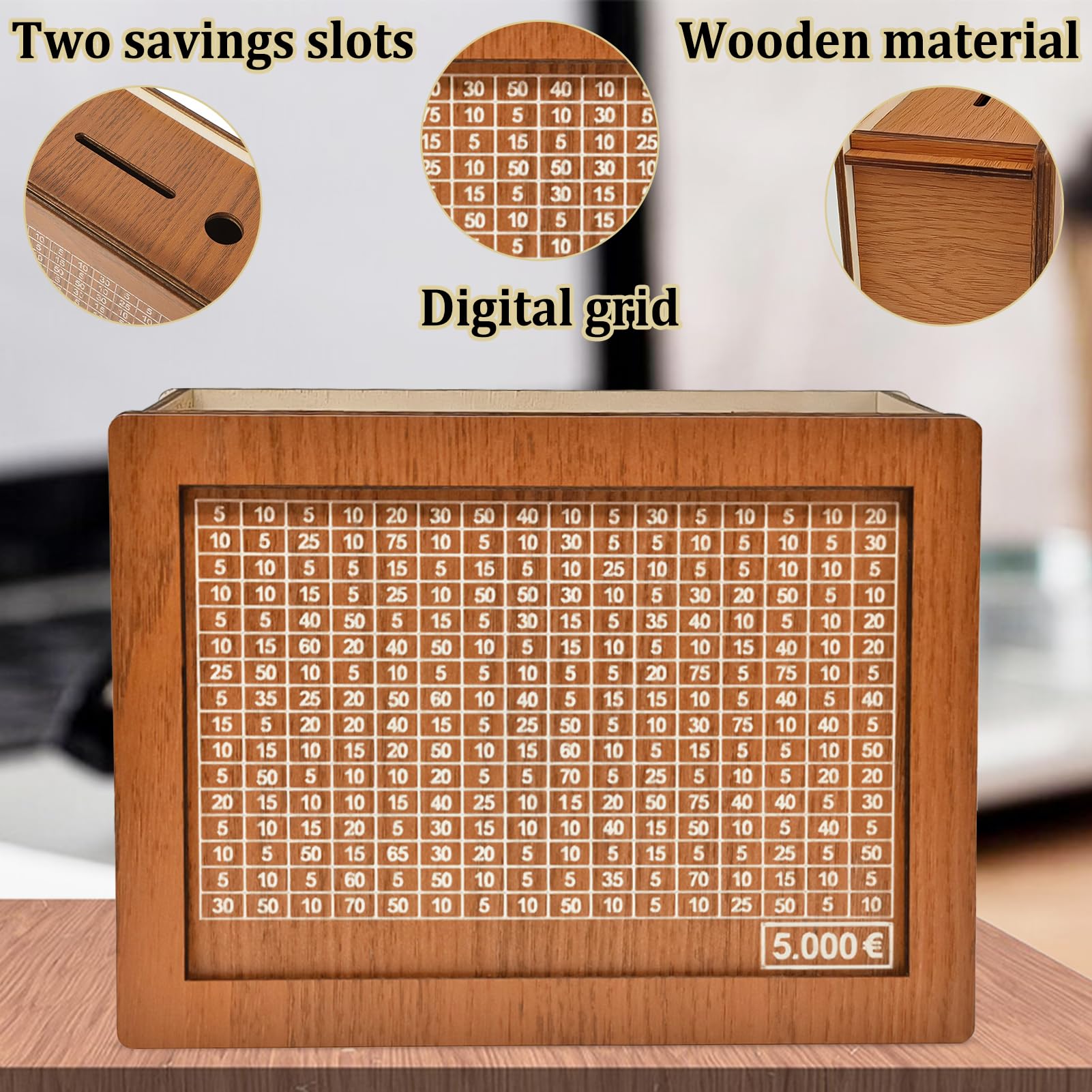 Spardose aus Holz, spardose mit zähler, sparbox mit Zahlen ankreuzen, sparschwein aus Holz mit zähler, Wiederverwendbare Spardose, für Erwachsene und Kinder mit Sparziel (5000€)