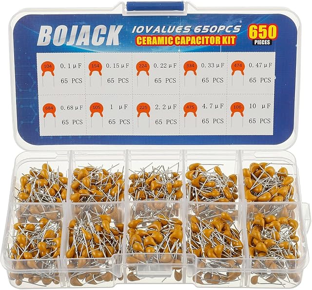 BOJACK 10 Type 650Pcs Ceramic Capacitor Assortment Kit Capacitors from 0.1uf/100 nF to 10 uF in a Box