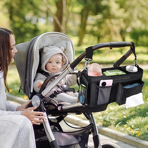 Miniatura 2 de INFANZIA Organizador universal para cochecito con portavasos aislados, organizador ajustable para cochecito con bolsa para teléfono y correa para el