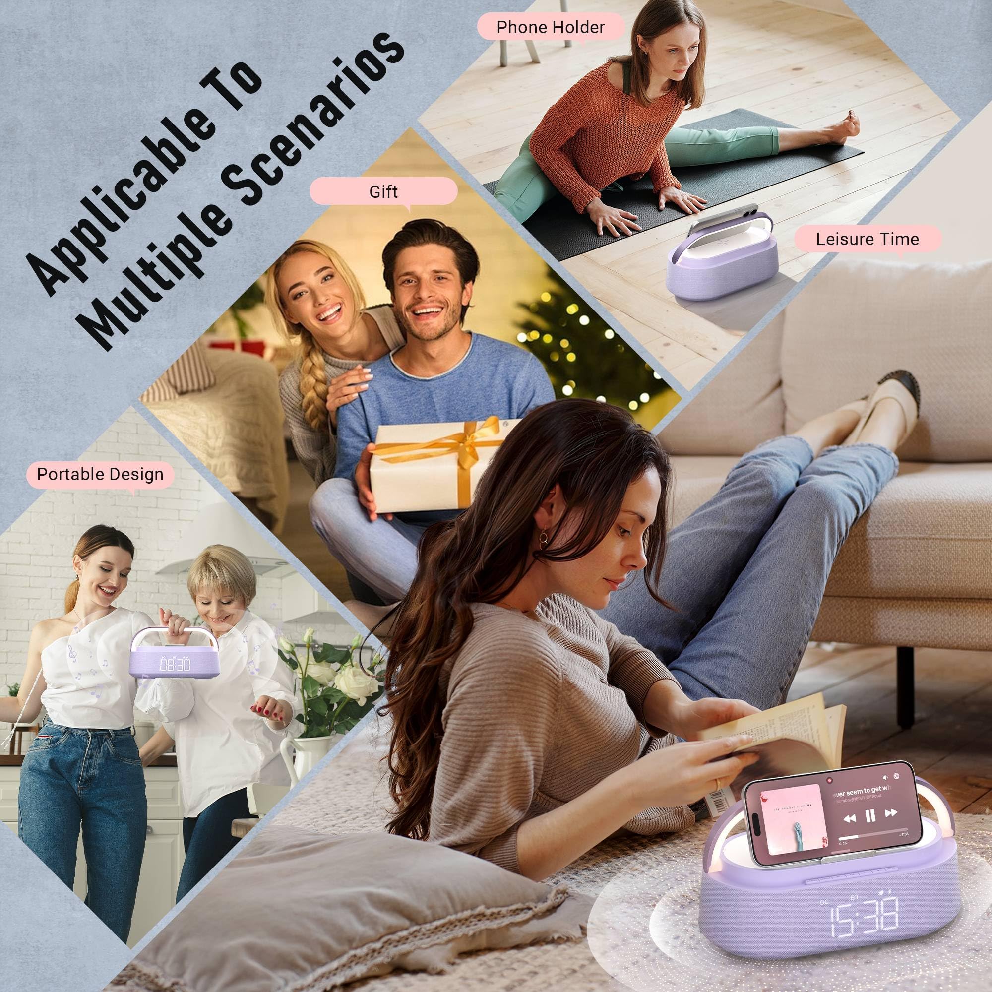 FREEFISH 6-in-1 Multifunktionaler Wecker mit Bluetooth-Lautsprecher, kabellosem Ladegerät, Nachtlicht und Telefonhalter
