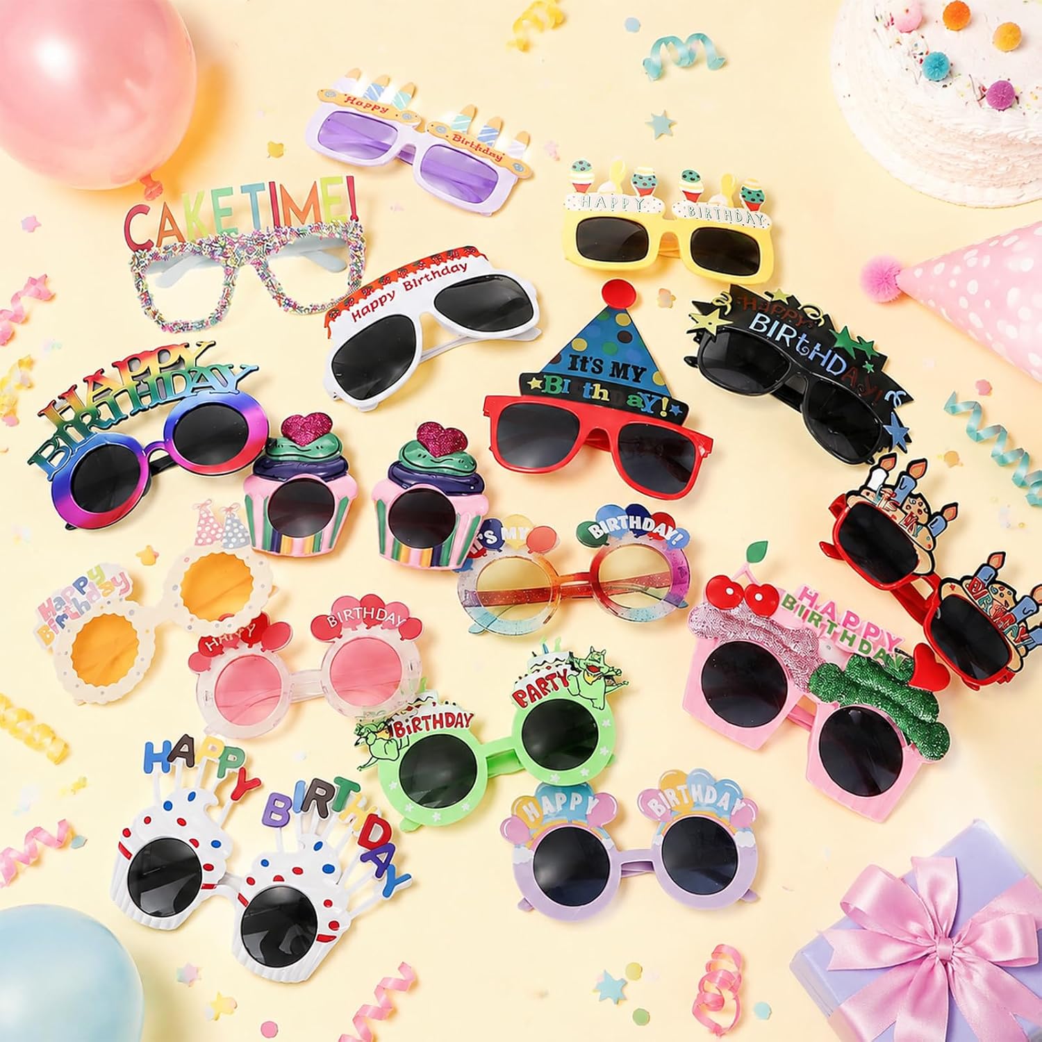Pumtus 16 Pack Birthday Sunglasses, Thick Plastic Happy Birthday Glasses, Funny Party Novelty Glassware, Reusable Photo Booth Props, Stylish Dress Up Accessory for Birthday, Themed Party | 16 Pack; Thick Plastic; Different Styles; Assorted Color