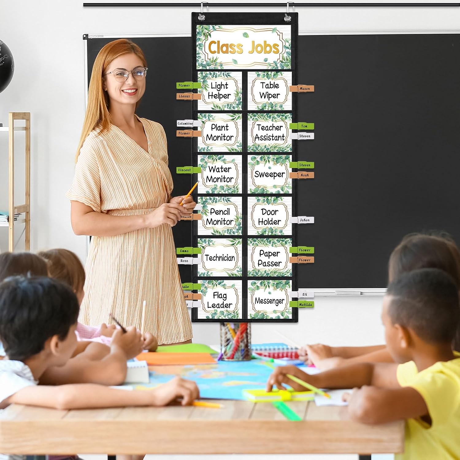 Pasimy Eucalyptus Class Jobs Pocket Chart Class Helpers Pocket Chart Classroom Jobs Cards with Clips and Hooks Teacher Helper Bulletin Board Set for Back to School Classroom Teacher Supplies