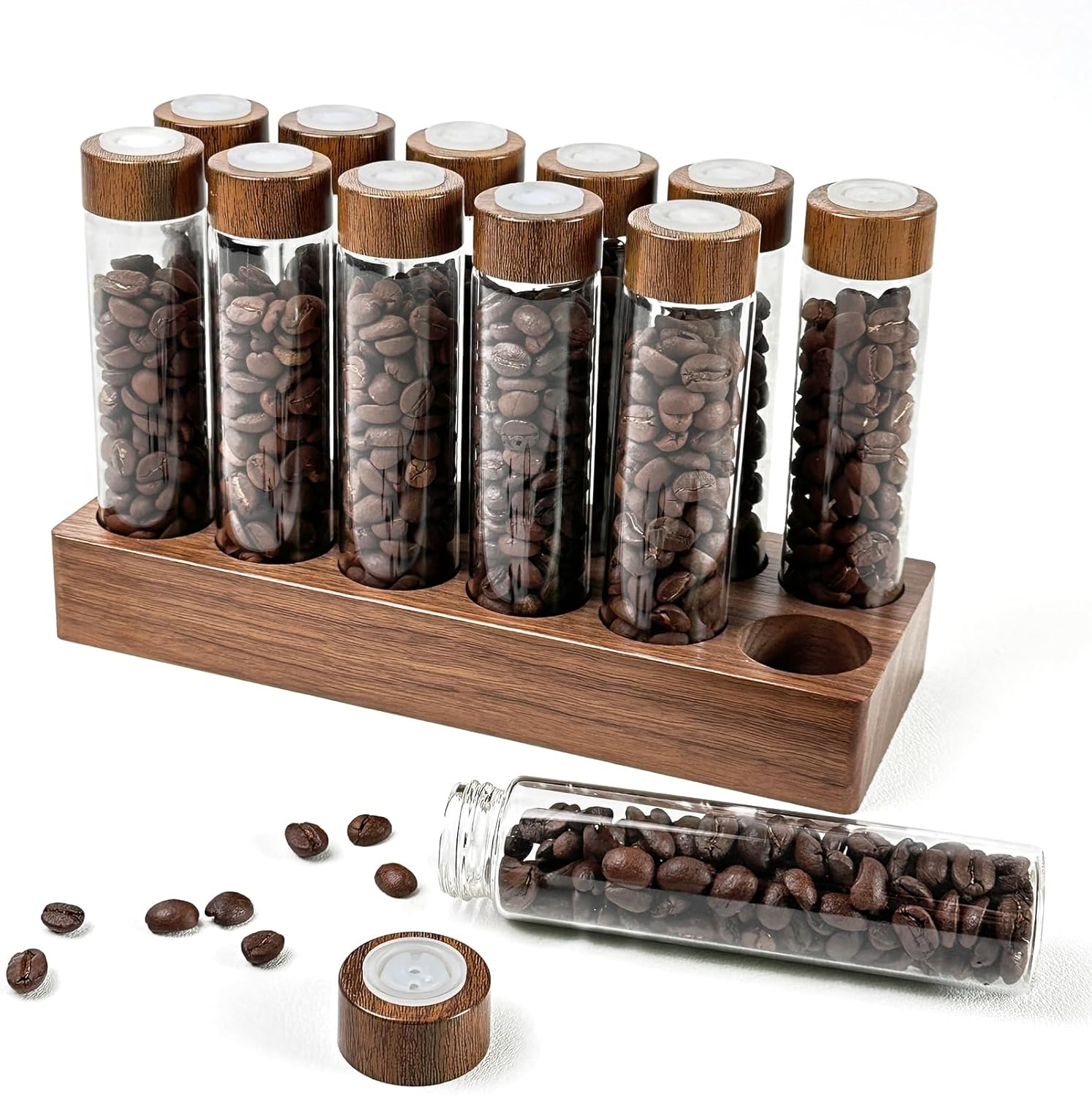 Coffee Bean Storage with Exhaust Valve, Coffee Storage Container with Walnut Solid Wood Base + Hopper, 12 Tubes Single Dose Tubes