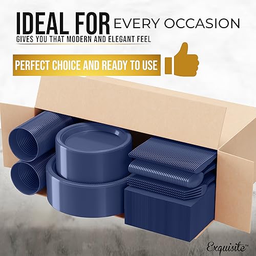 Miniatura 3 de 350 platos de plástico azul marino para fiestas, juego de platos desechables azul marino, 50 de cada juego de platos llanos de 9 pulgadas, platos de