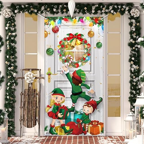 Miniatura 5 de 2 carteles colgantes de puerta de Navidad con texto en inglés «Merry Christmas» para puerta delantera, caja de regalo de Navidad de 71 x 35 pulgadas