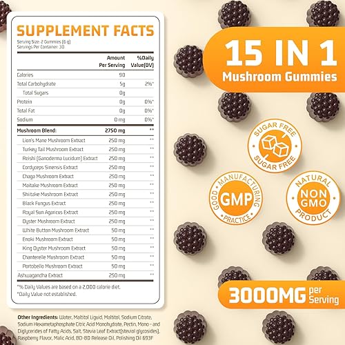Miniatura 5 de 15 in 1 Mushroom Complex Gummies & Ashwagandha Gummies 3000 mg - Lions Mane, Reishi, Turkey Tail & More Mushroom Supplement for Cognitive