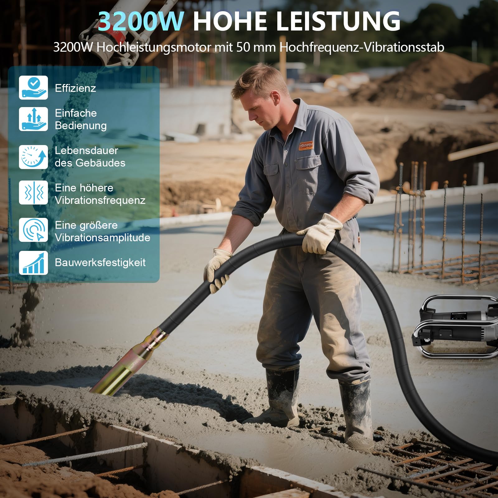 3200 W Betonrüttler mit 50mm 6m Kabel Betonverdichter, 6800U/min | Flaschenrüttler Beton Rüttler Innenrüttler mit Einer Isolationsschicht für Fundamente, Säulen und Bodenplatten