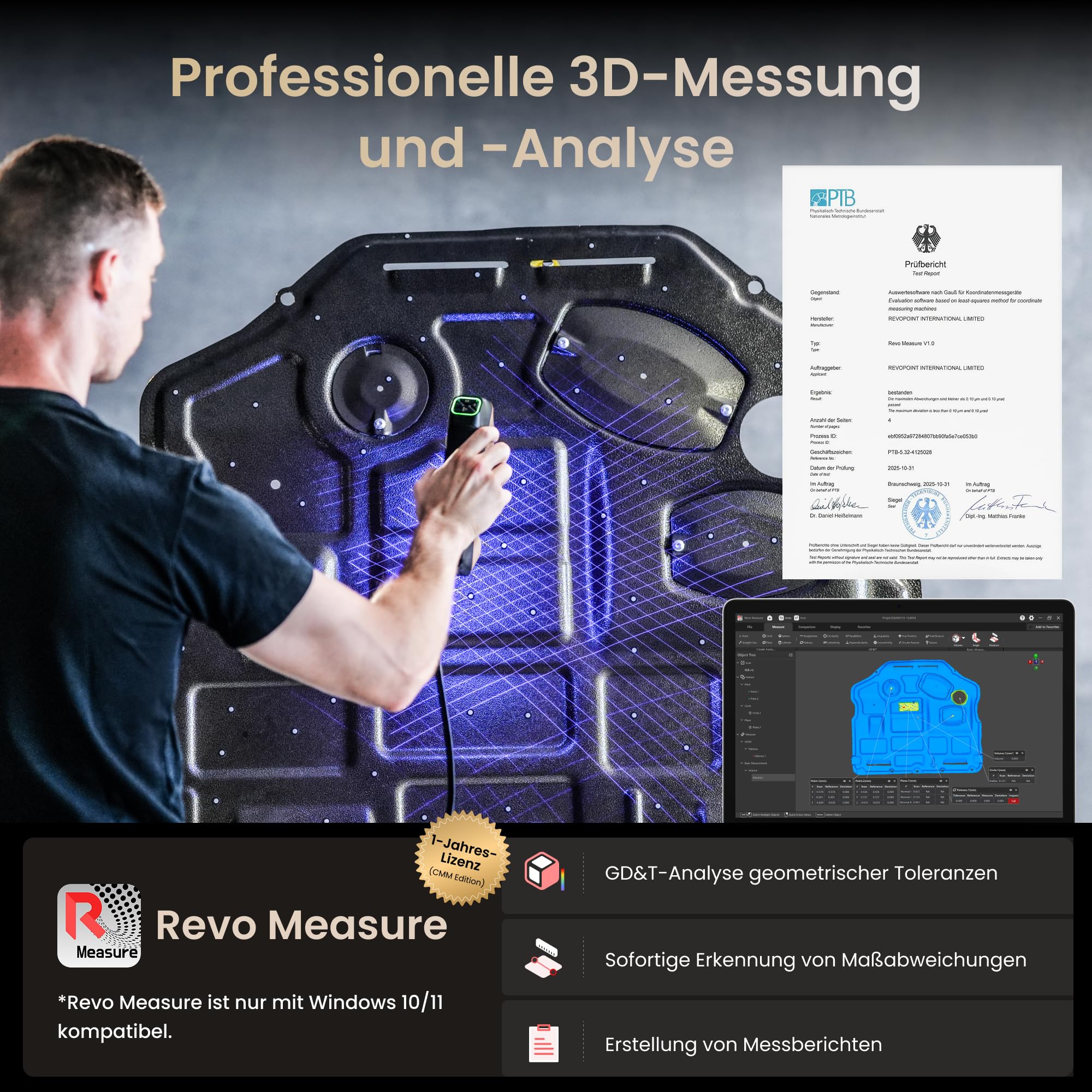 Revopoint MetroY Ultra 3D-Scanner, 0,01 mm Blaulaser, PTB-zertifiziertes GD&T- und Abweichungsanalyse-System, 90 FPS, Wi-Fi 6, Außen-/Farbscan für 3D-Druck, Kugelplatte aus Kohlefaser (nur Win 10/11)