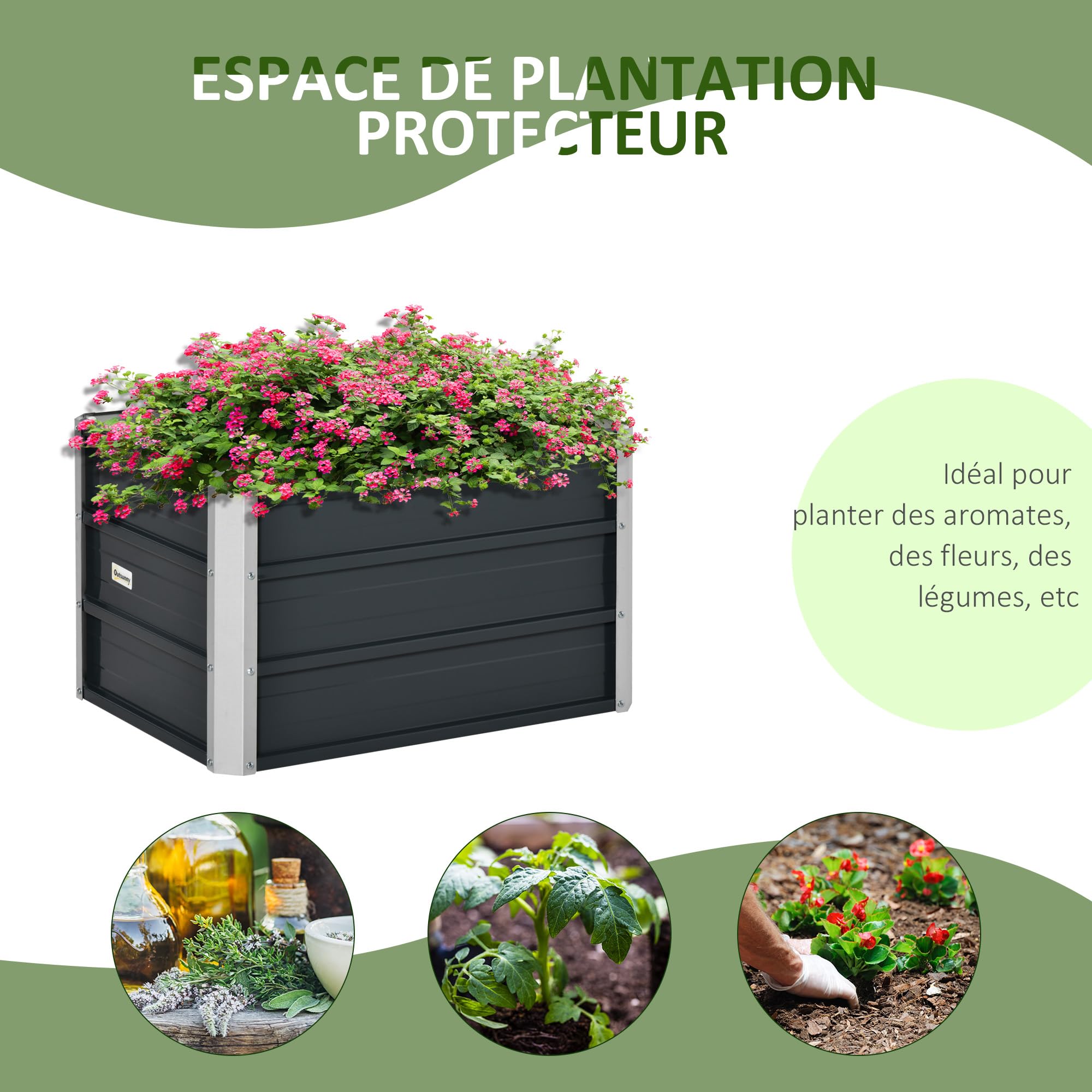 Outsunny Carré Potager Rectangulaire Surélevé 66 x 47 x 40 cm Gris Foncé