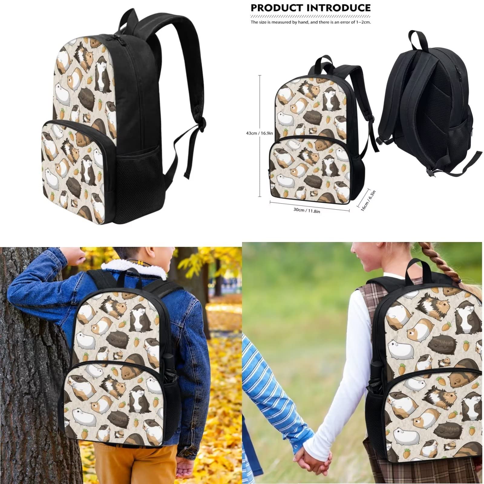 POLERO Mochila escolar de caballos para niños, juego de bolsas de almuerzo, estuche para lápices, 3 piezas, bolsas escolares, Cobayas, Talla única, Mochila infantil
