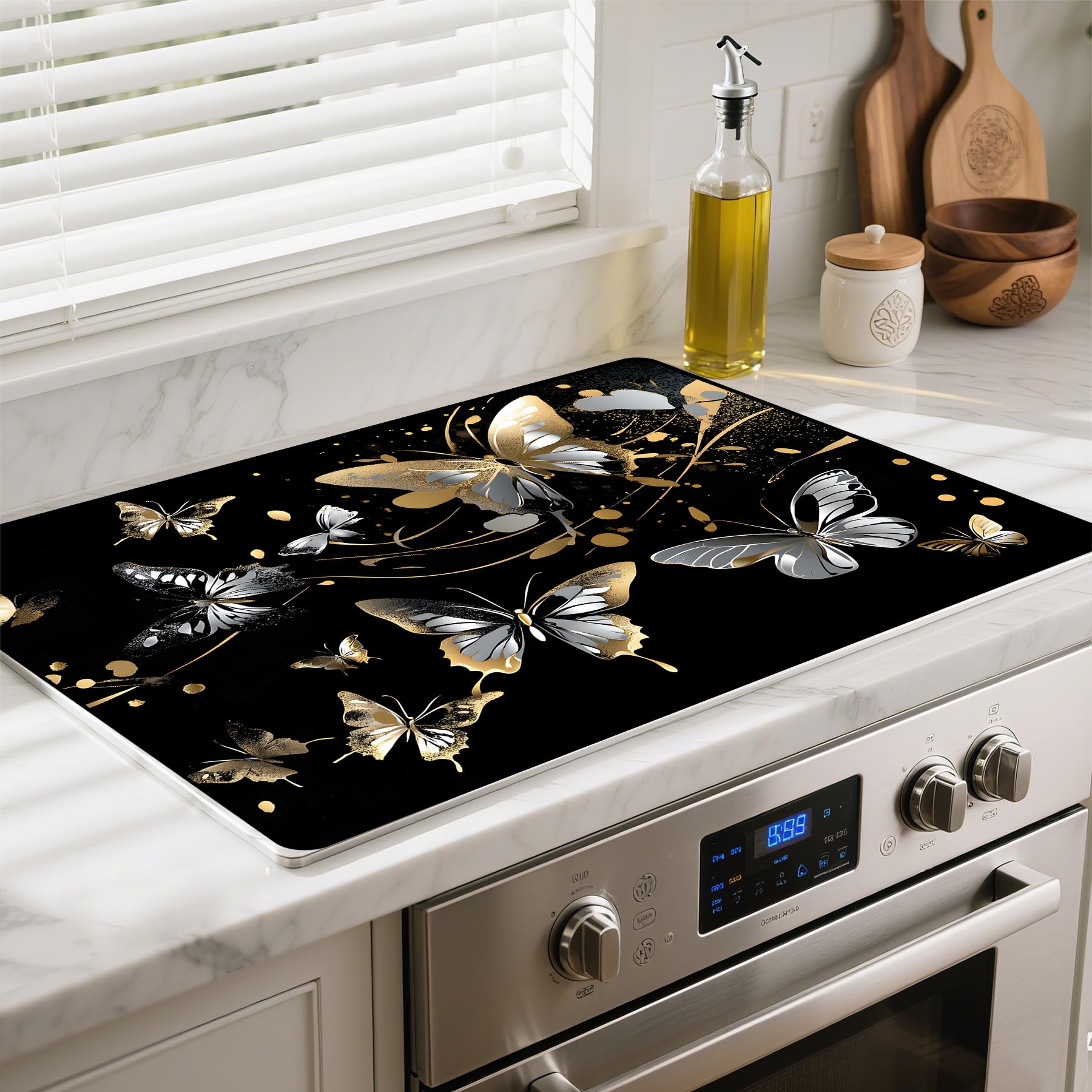 Silicone Glass Stove Top Cover- Mat for Electric Stove Protector with Anti-Slip Rubber Coating Scratch-Resistant XL Dish Drying Mats For Kitchen (Butterfly, 30"L x 21"W)