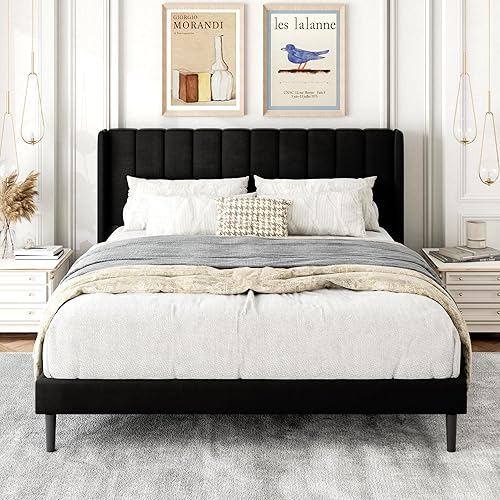 Base de cama tapizada tamaño Queen con cabecera de ala, no necesita somier, soporte de listones de madera, fácil montaje, color negro