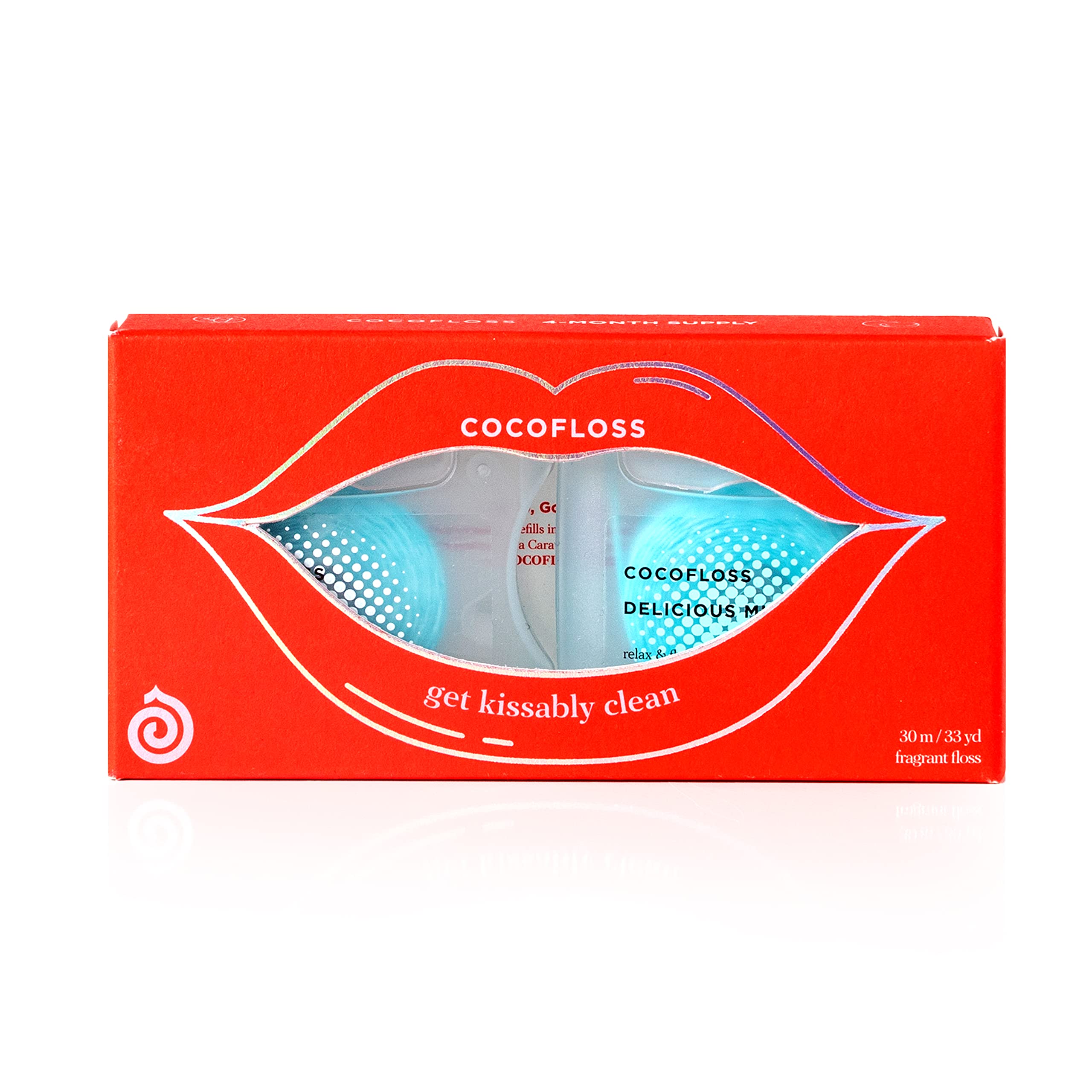 COCOFLOSS Coconut-Oil Infused Woven Dental Floss | Kissably Clean Set | Dentist-Designed | Vegan and Cruelty-Free | 4-Month Supply (33 Yds x 2 Spools) (Double Mint)