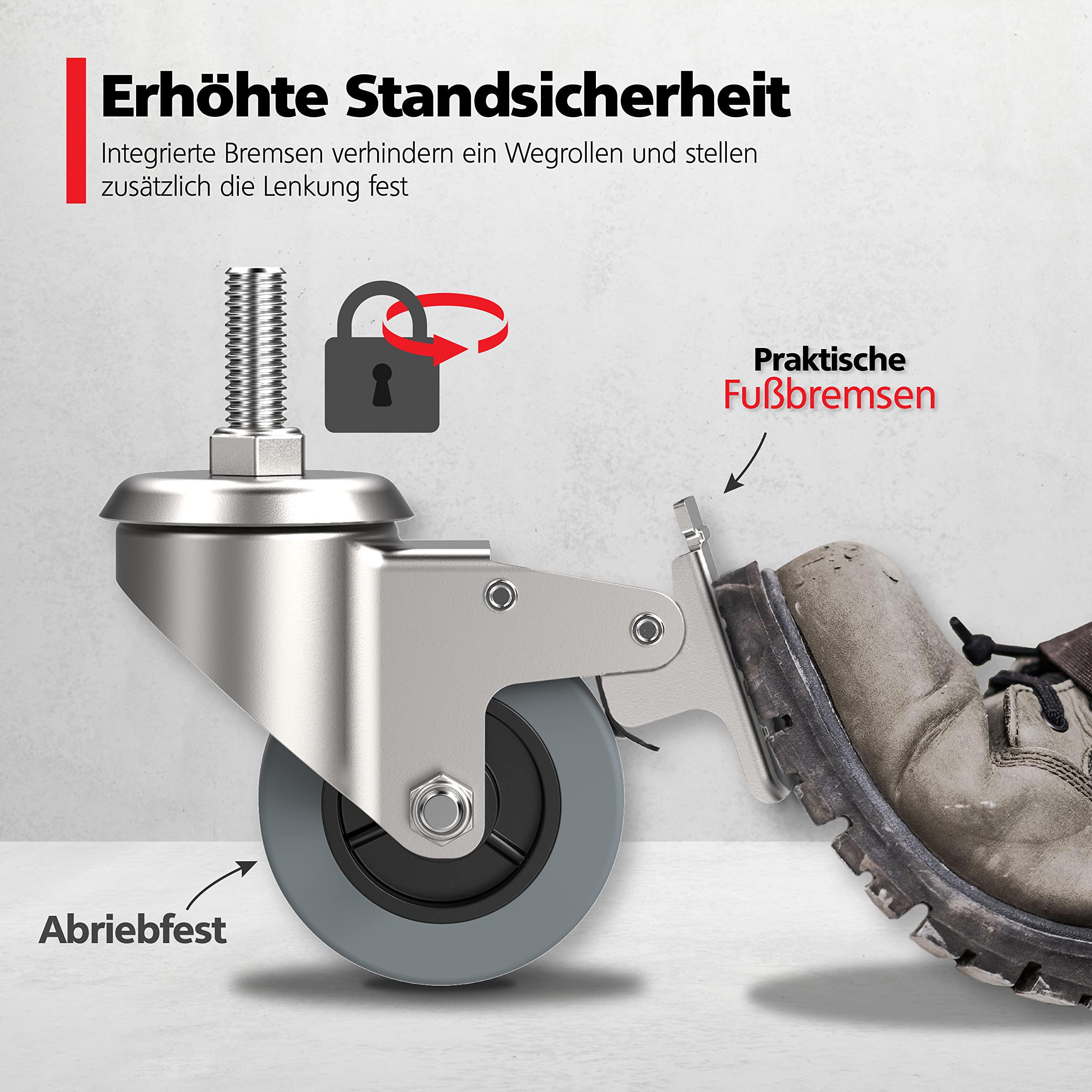 4er Set Lenkrollen Mit Bremse M8×25mm - Schwerlastrollen 50mm Für Möbel