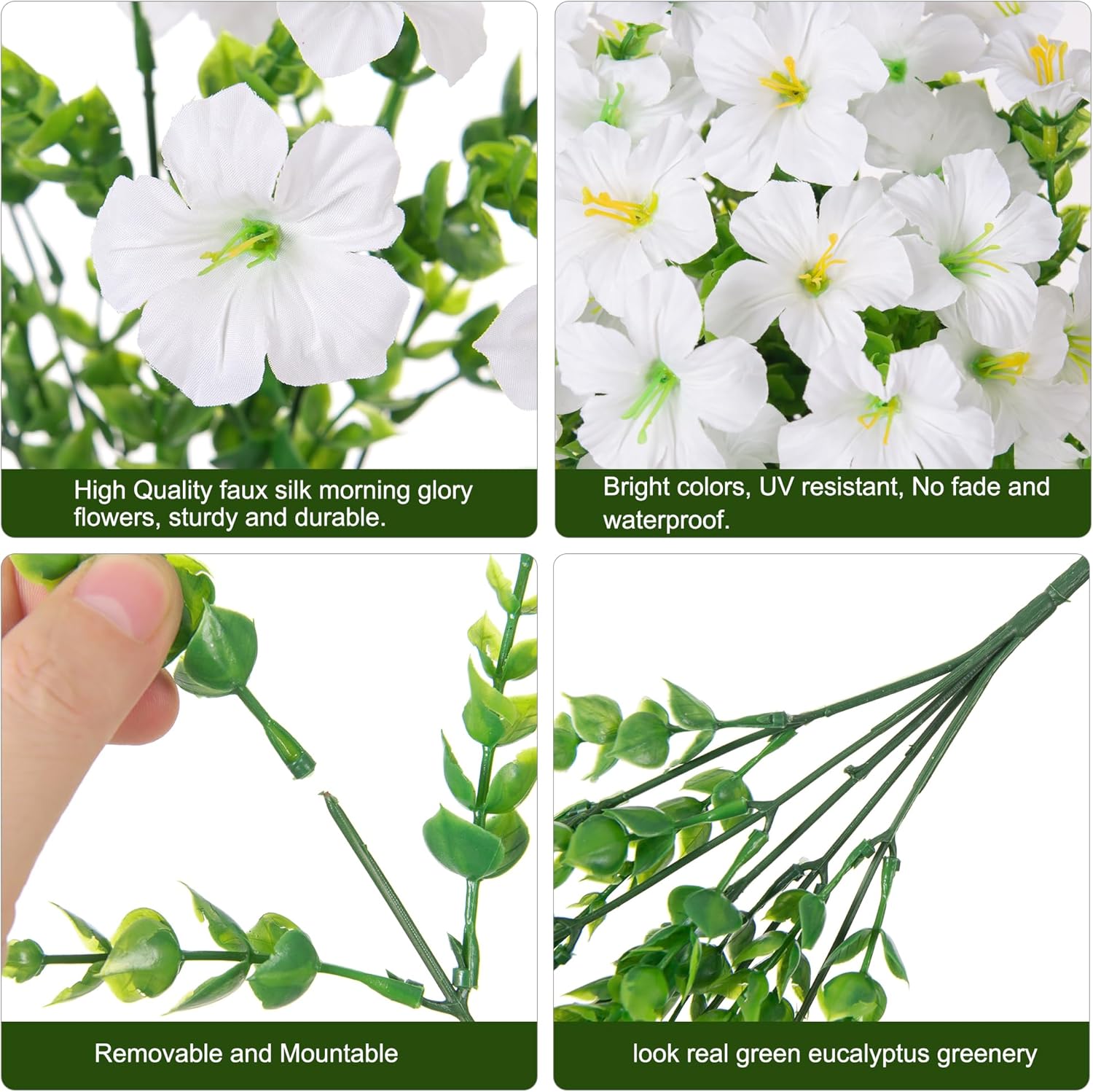 Artificial Flowers for Outdoors Fake Plants Outside Decoration, 20 Bundles White Silk Petunia with Eucalyptus UV Resistant Realistic Faux Flowers for Outdoor Planters Garden Balcony Yard Porch Patio