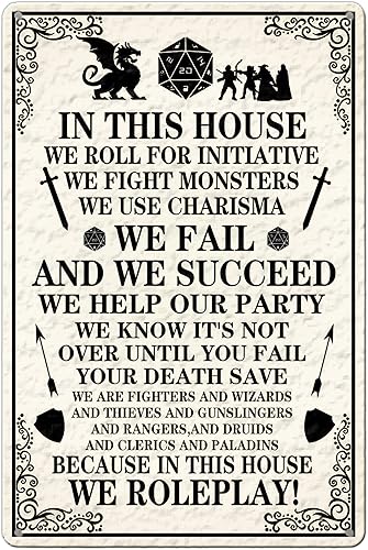 KONMPFEY Divertida decoración de pared de arte vintage en esta casa We Roll For Initiative We Roleplay de metal para hombre cueva cafetería