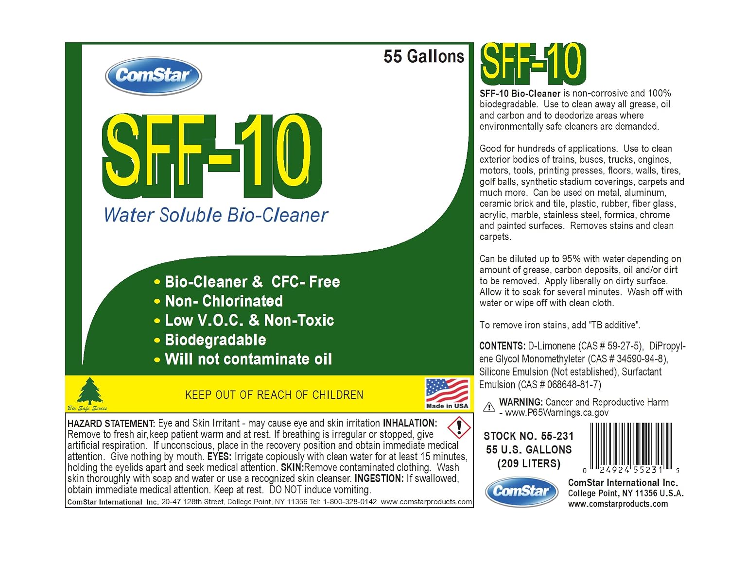 SFF-10, 55 Gallons, Bio-Cleaner, Heavy Duty Industrial Degreaser, Water-Soluble, Removes Oxidation, Rust, Grease & Oil, Super Concentrate, Low Foaming, Neutral pH (55-231)