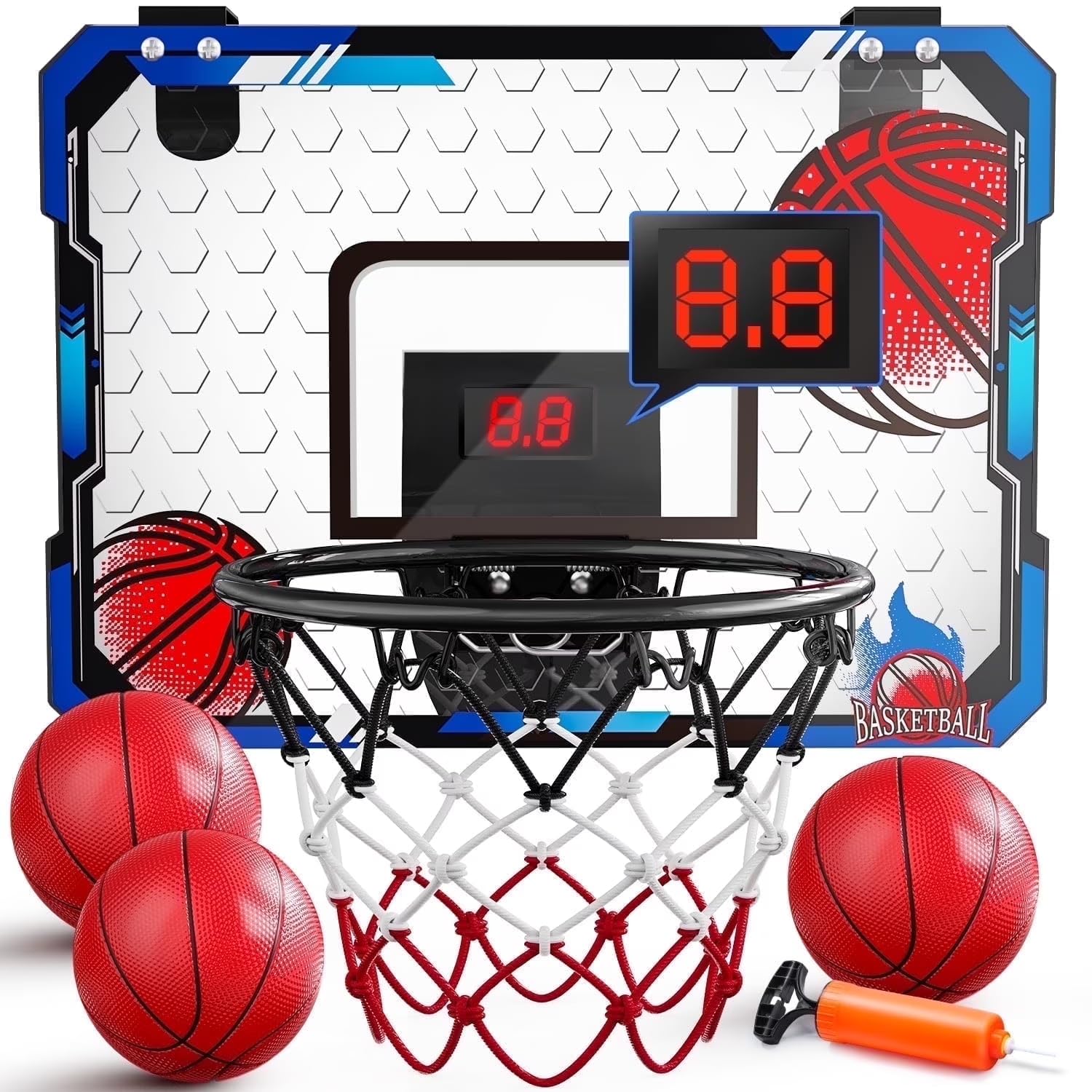 EagleStone Indoor Basketball Hoop, Electronic Scoring Modes, Foldable Dunk Rim Indoor Basketball Game with Silent & Countdown Modes, 3 Balls & Pump, Sports Toy Gift for 4-12 Years Old Boys Girls Kids