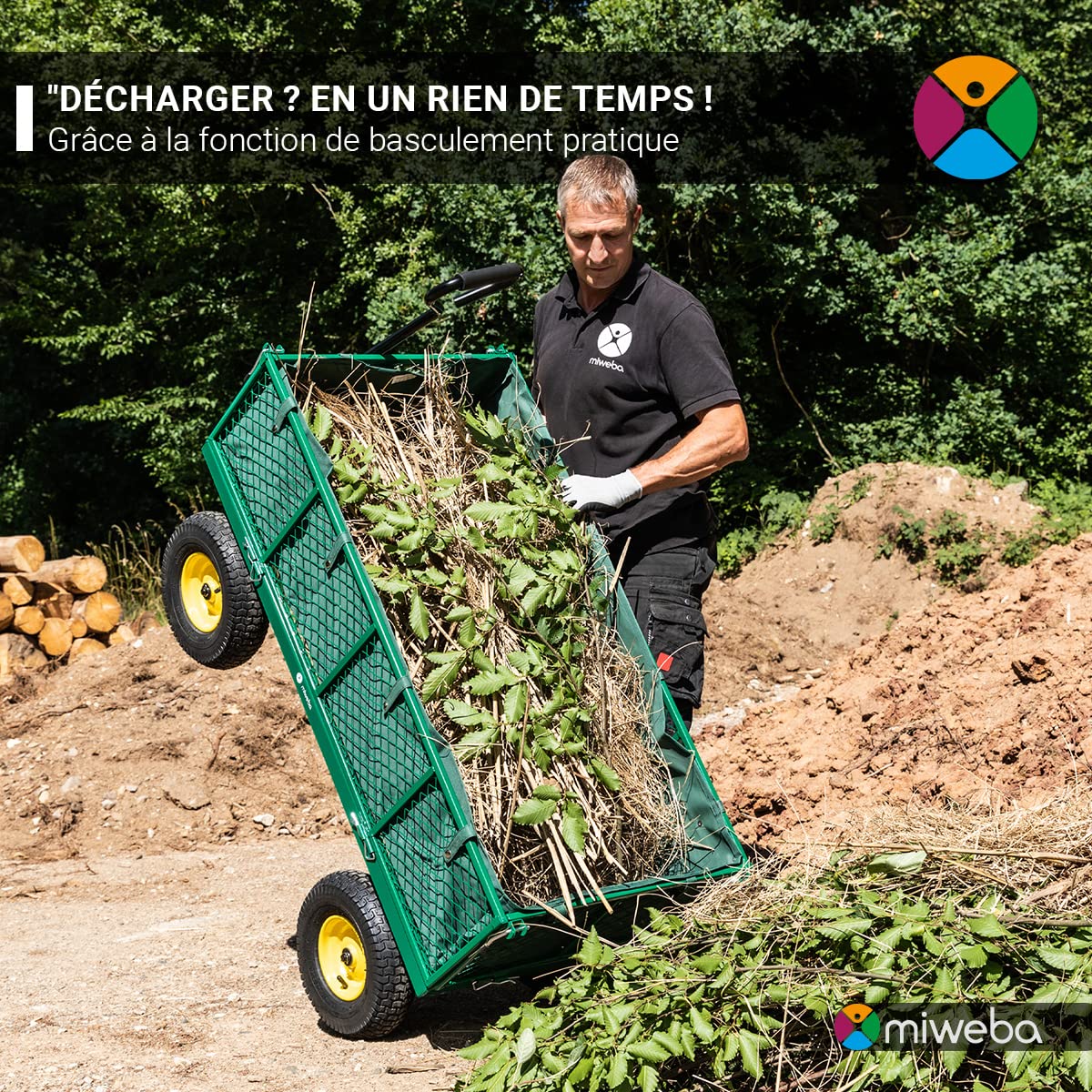 Miweba Chariot d’extérieur MB-700 - Bâche - Parois Pliables - Capacité de Charge 700 kg - Pneus pneumatiques - Chariot Pliable - Chariot de Jardin - Chariot de Transport - Brouette