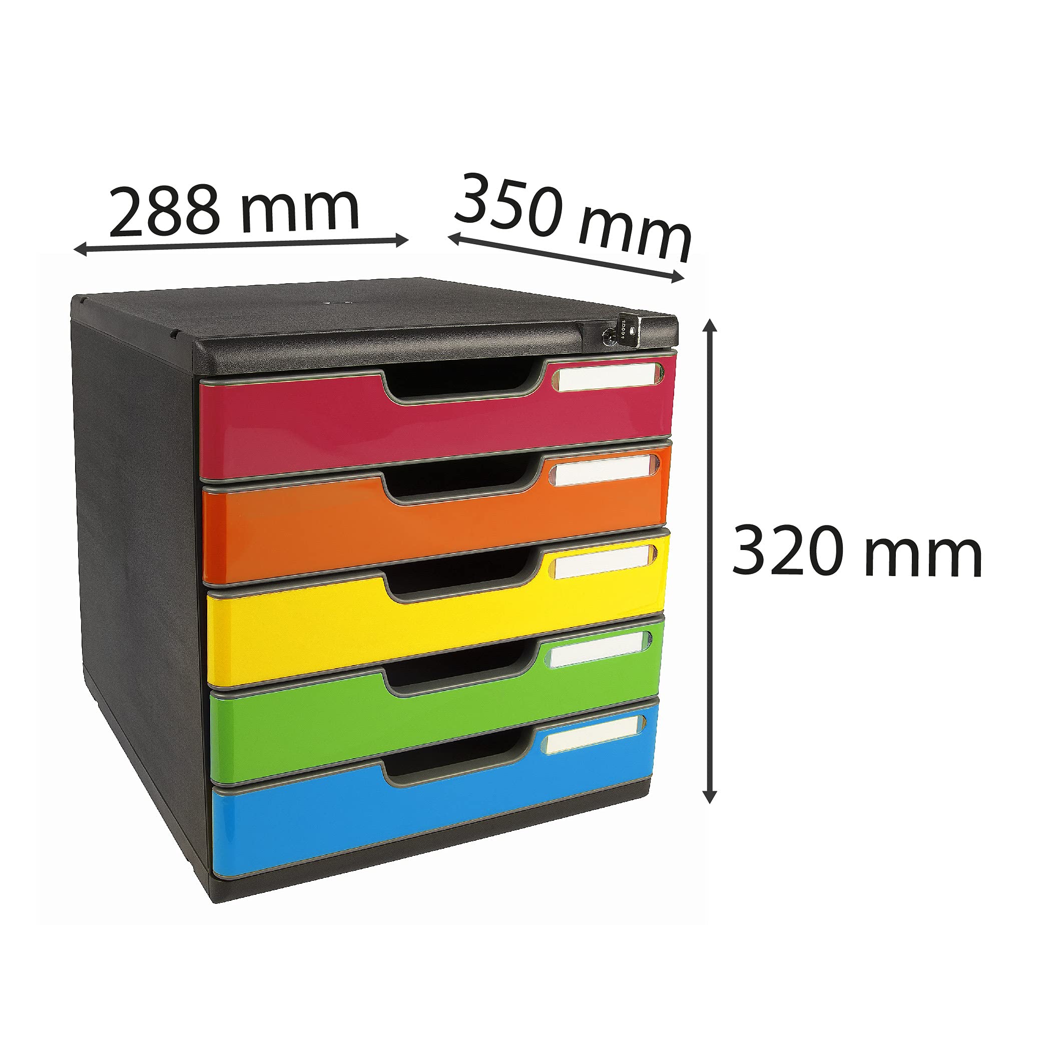 Exacompta - Ref. 331798D MODULO A4 - Caja de 5 cajones con cierre de llave para documentos A4+ - Dimensiones exteriores: 35 x ancho 28,8 x 32 cm - Negro/arlequín brillante