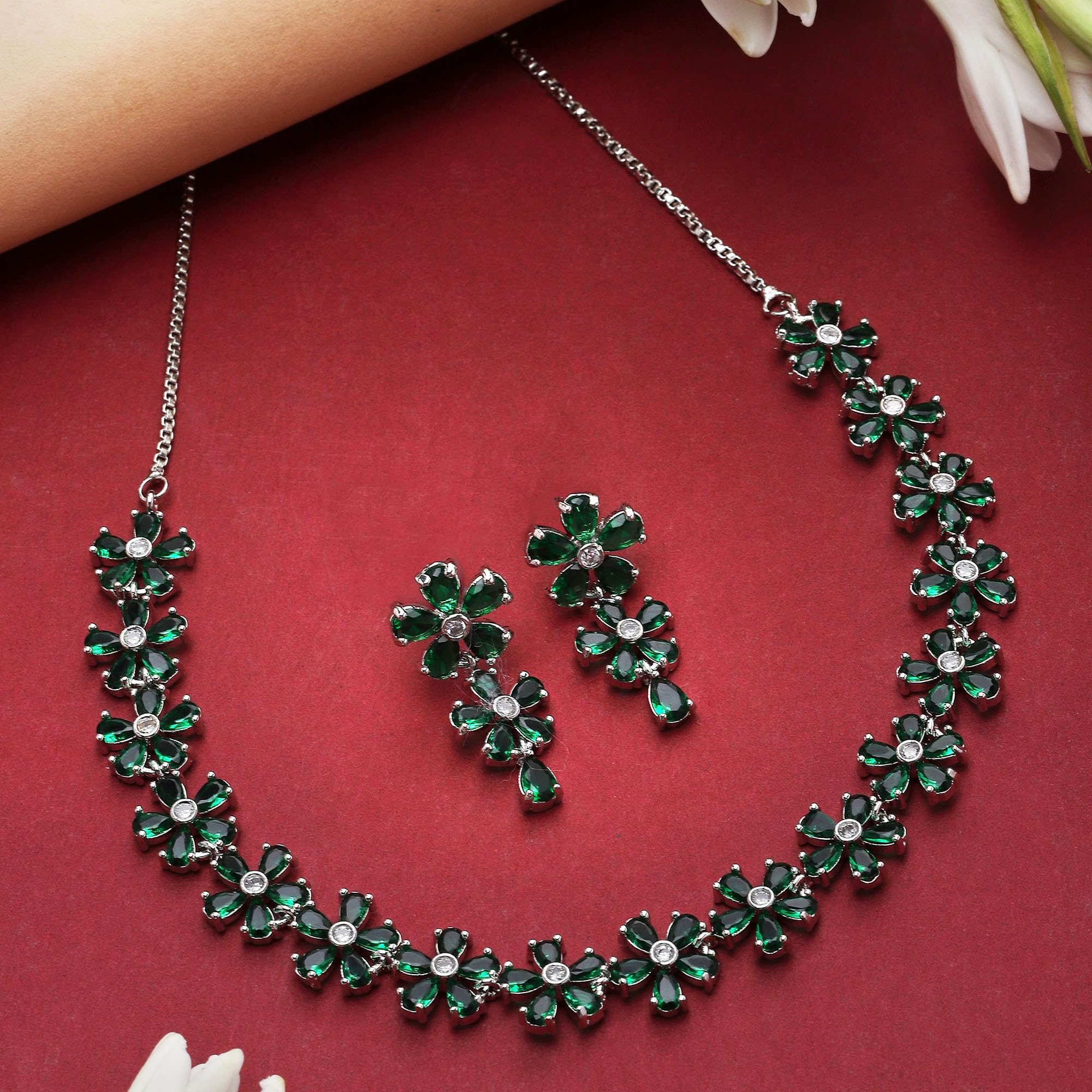 American Diamond Flower Jewellery Set (Green)