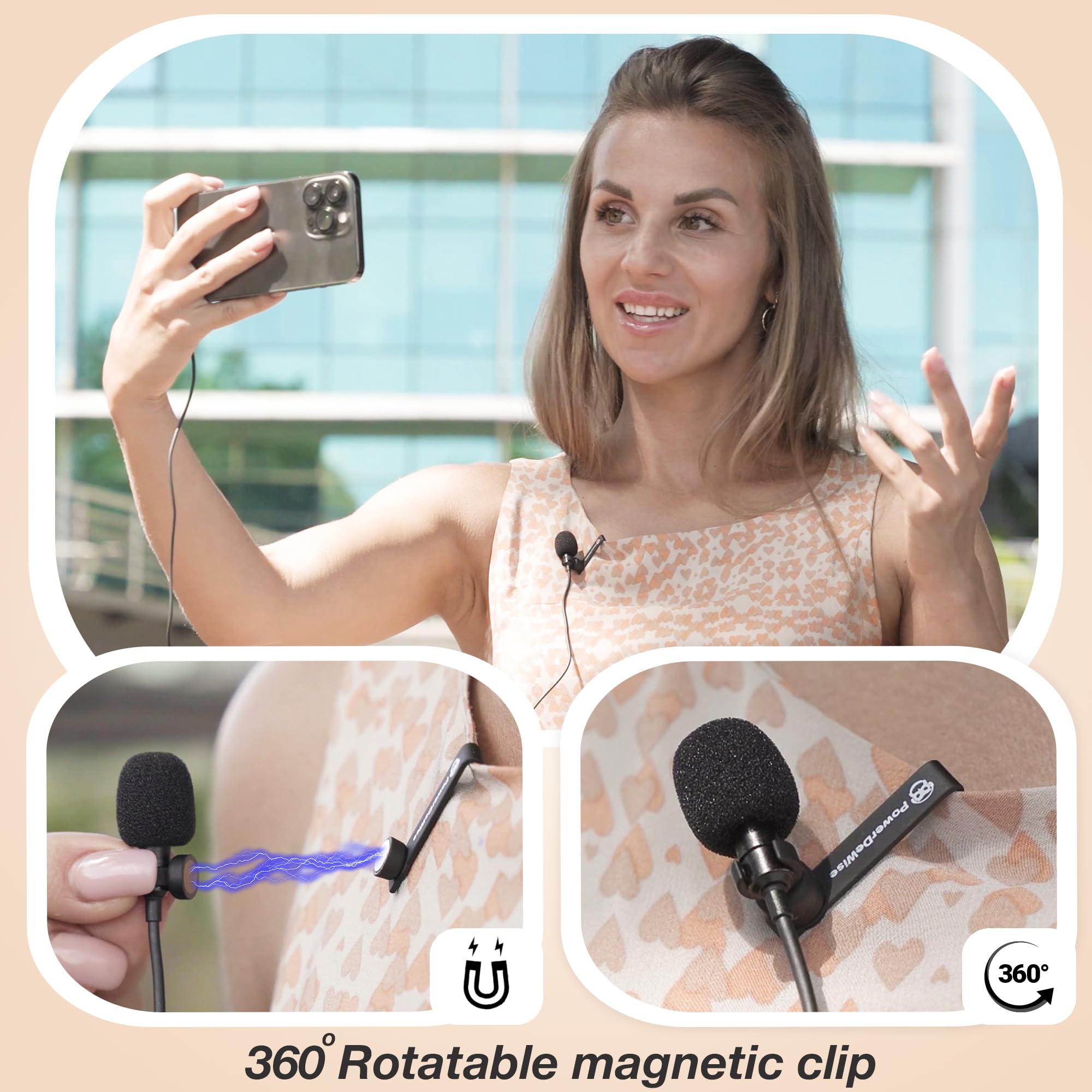 PowerDeWise Professionnelle Lavalier Lapel Microphone Omnidirectionnel avec système Easy Clip on, Micro Cravate Parfait pour l’Enregistrement Youtube/Entrevue/Vidéoconférence/Podcast/Dictée vocale