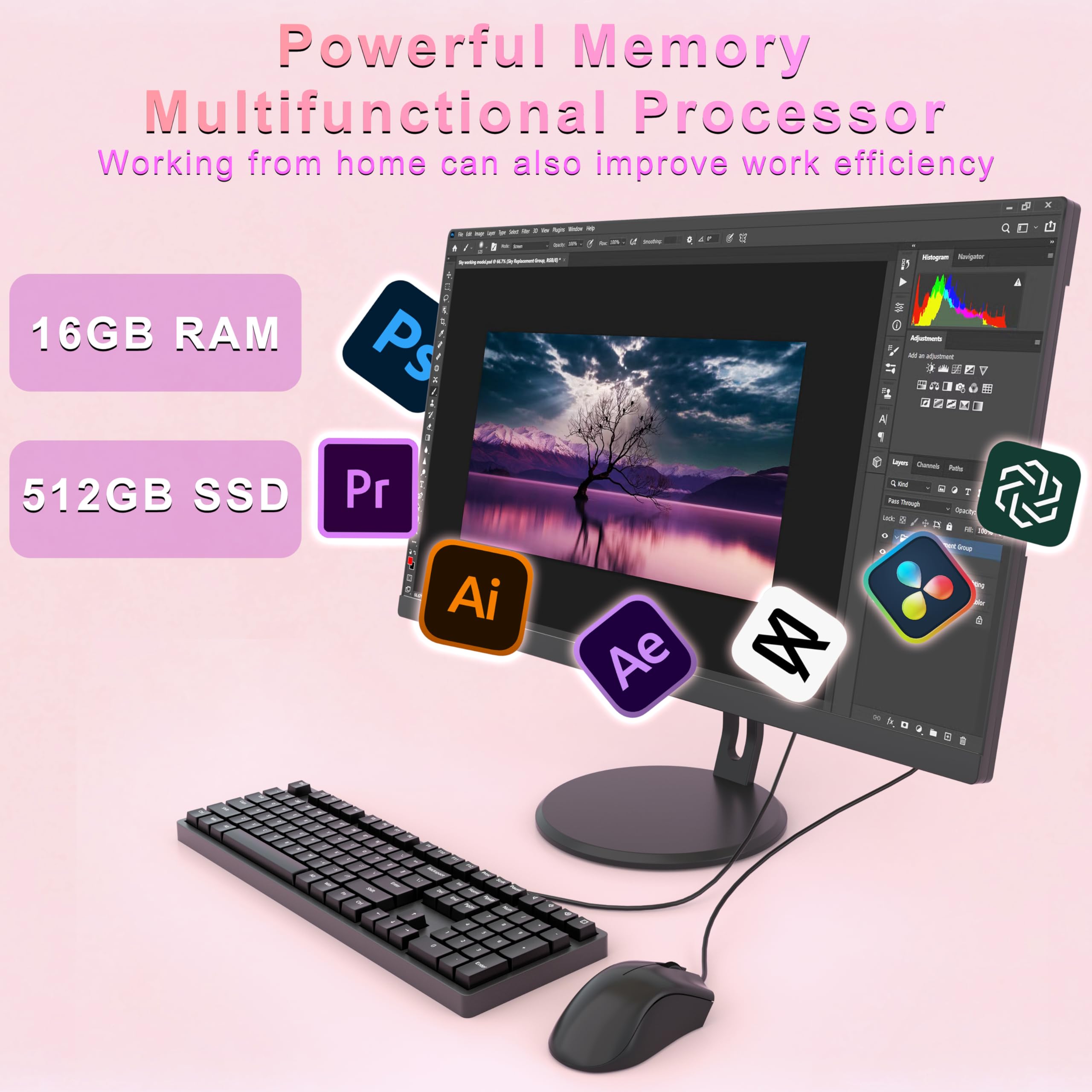 Ordinateur Tout-en-Un 23,8 Pouces IPS, i5, 16Go DDR, SSD 512Go, caméra rétractable, Wi-FI Bluetooth, Nombreux Ports, Clavier et Souris Inclus，Idéal pour Le Bureau et la Vie Quotidienne