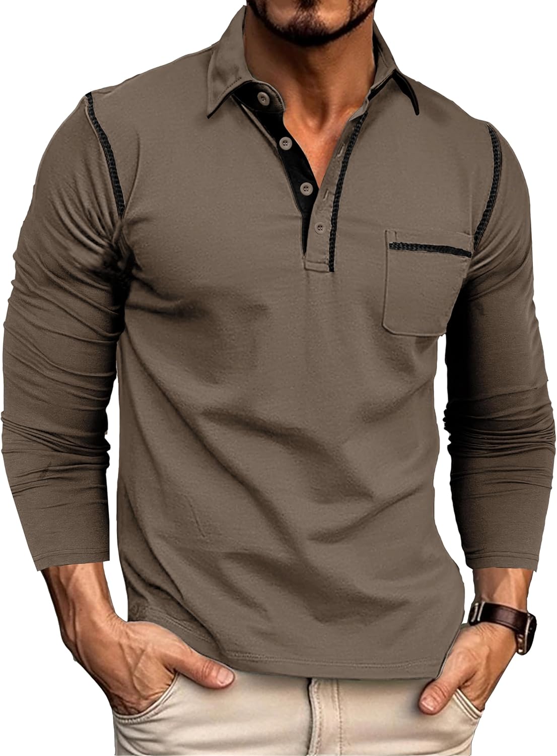 EDITCOZY Long Sleeve Polo Shirts for Men with Pocket Casual Cotton Button Down Collared Golf Shirts