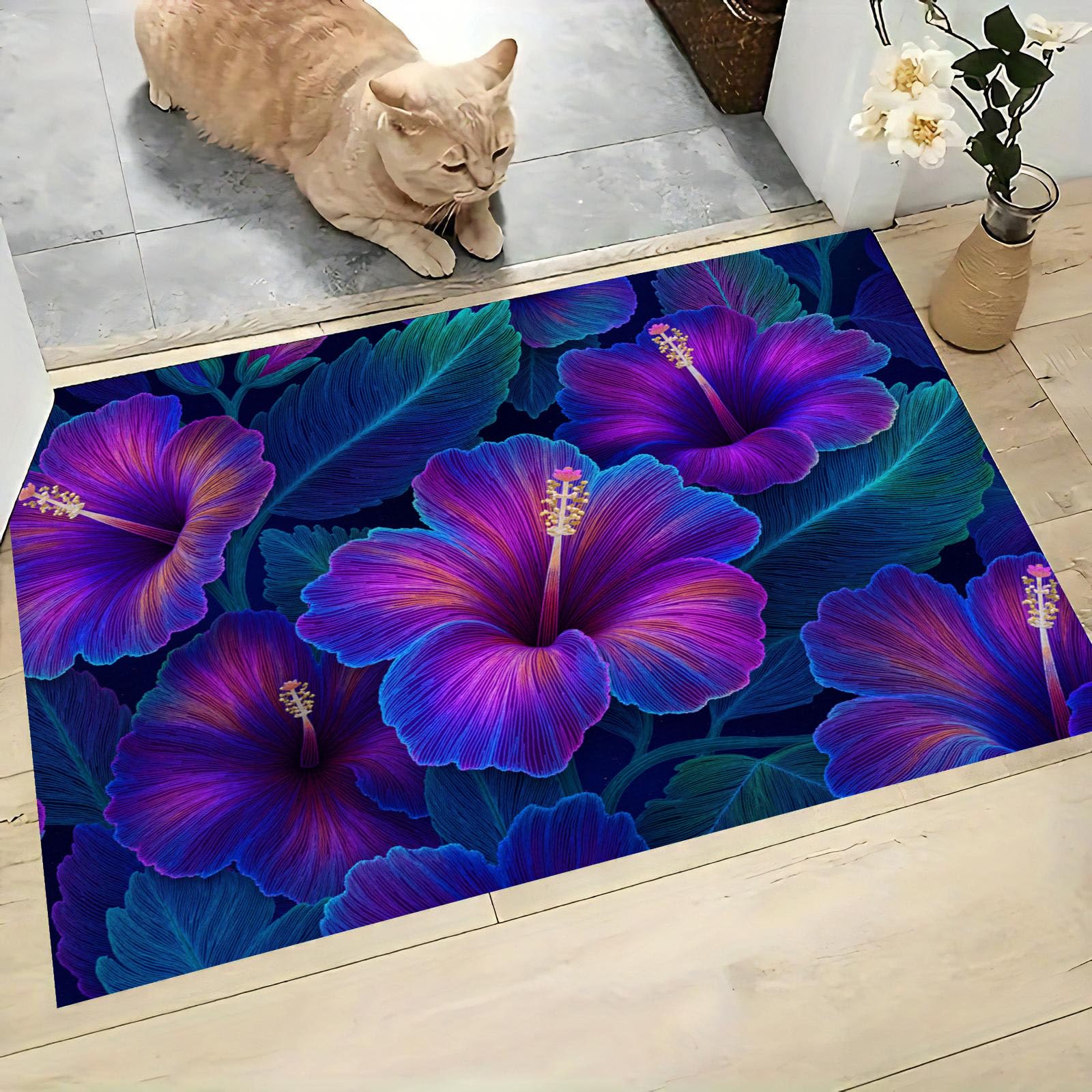 Paillasson de intérieur Antidérapant, Tapis de Motifs Floraux Rétro Tropicaux, Tapis Salle de Bain Flanelle Douce, Absorbant l'eau, pour Cuisine (Irisé Hibiscus, 80x120cm