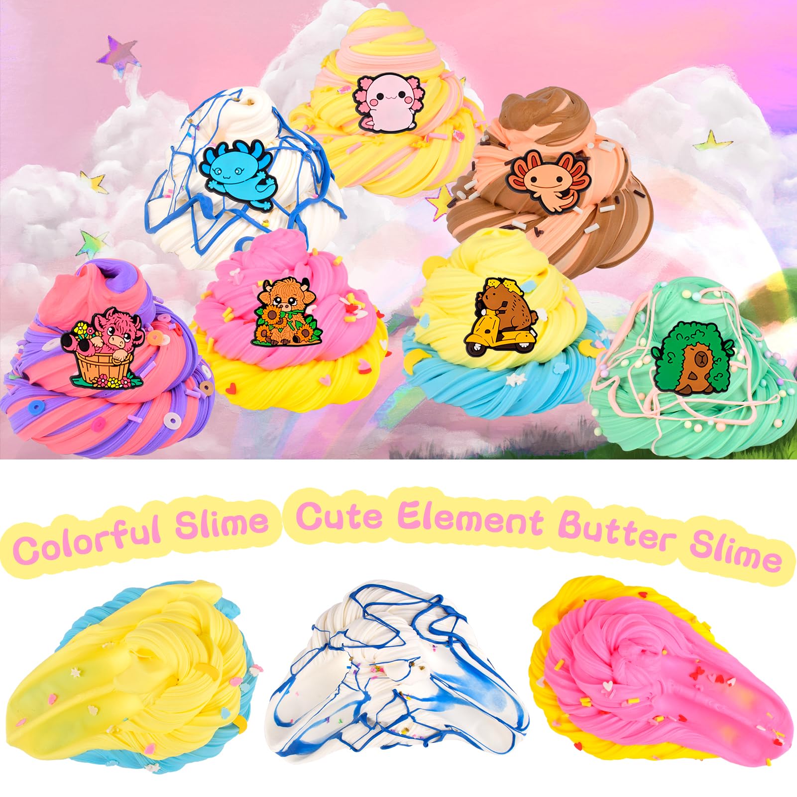 12 Pack Fluffy Axolotl Slime Kit with 7 Pack Butter Slime and 5 Pack Clear Jelly Slimes - Image 2
