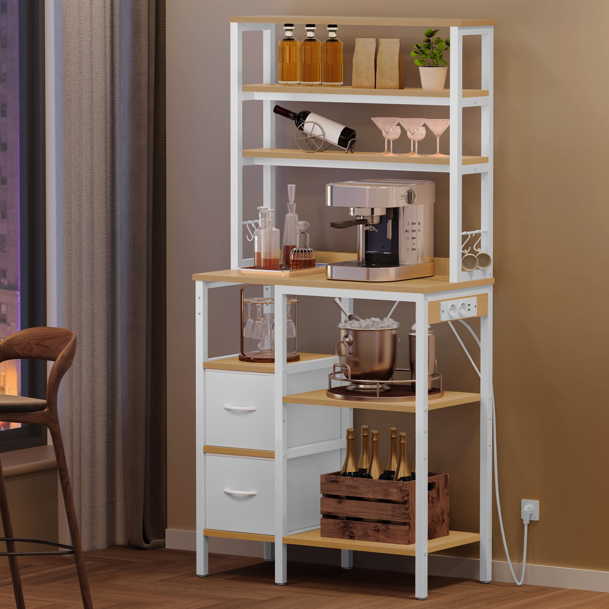 YITAHOME Küchenregal mit Steckdose, 2 AC-Steckdosen, 2 USB-Anschlüssen, Kaffeebar, Bäckerregal mit 2 Schubladen und 4 Haken, Mikrowellenregal, für Backofen, 80 x 39,9 x 167,6 cm, Eiche und Weiß