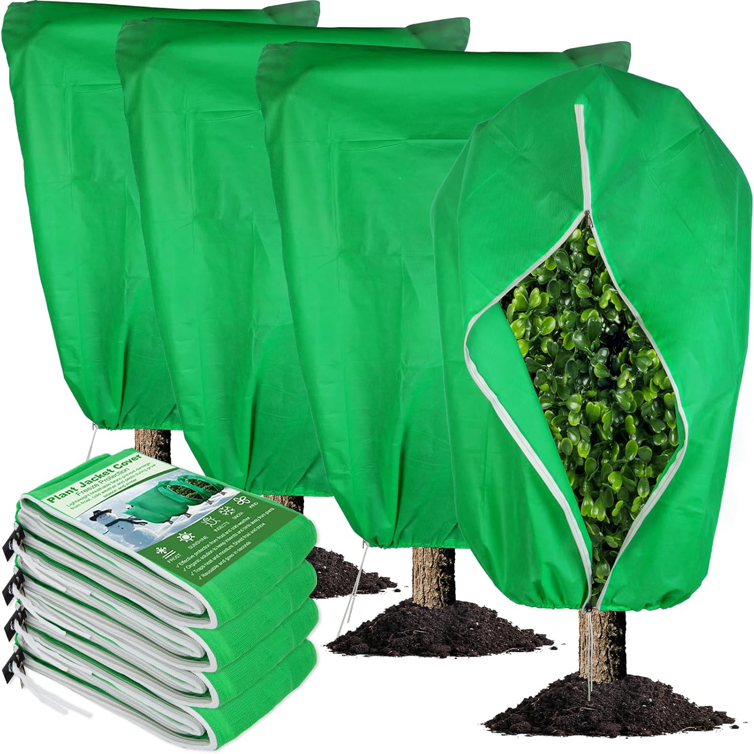 4 Pack Plant Covers Freeze Protection 31.5″ x 47″ – 2.2oz Trees Covers Frost Blanket Plant Frost Cloth for Outdoor Plants Shrubs Flower Fruit with Zipper Drawstring Green