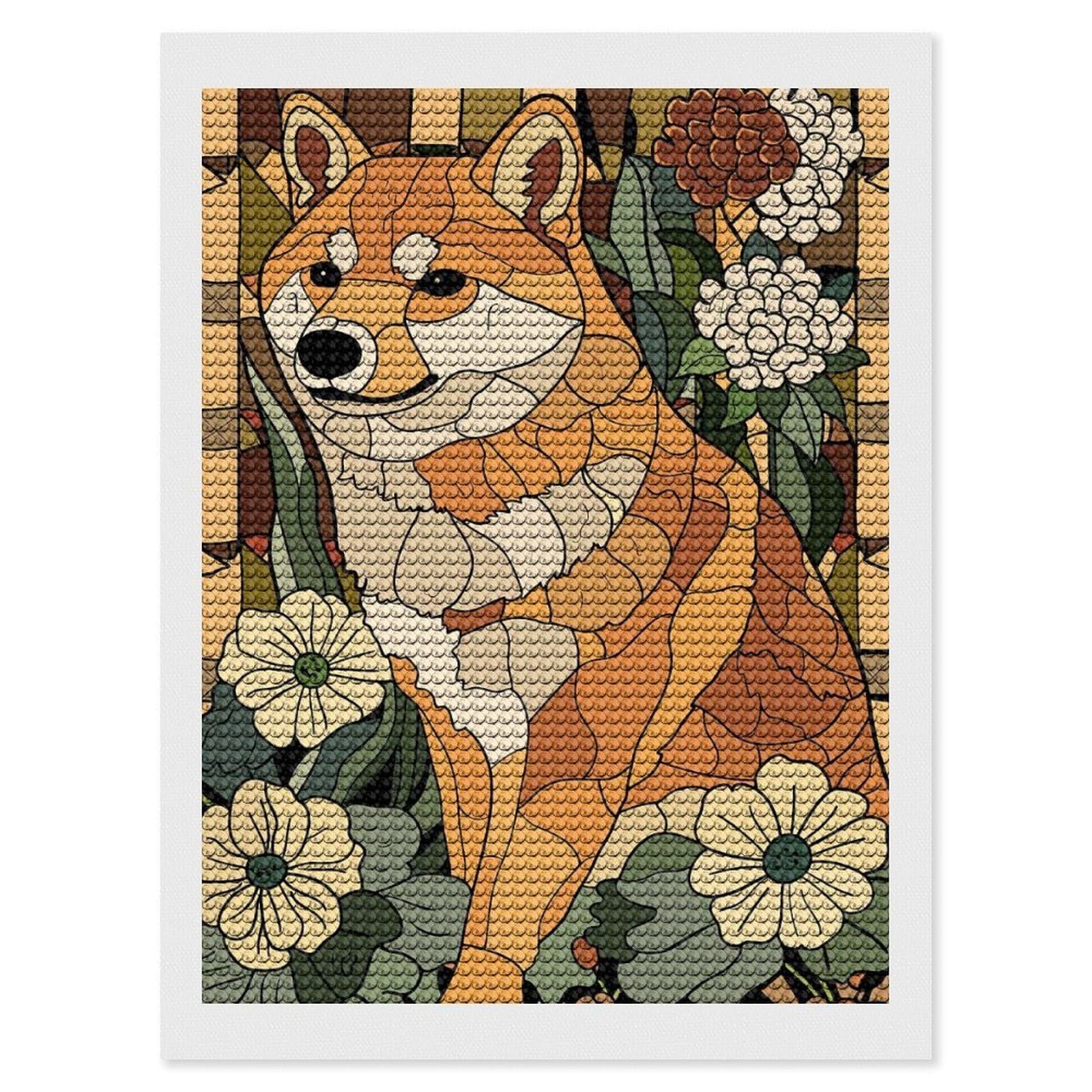 Junmoney Shiba Inu in A Floral Setting Diamond Painting Canvas Set 12"x16", for Adults, Decorate Your Room, Festive Craft Gift, Office Decor