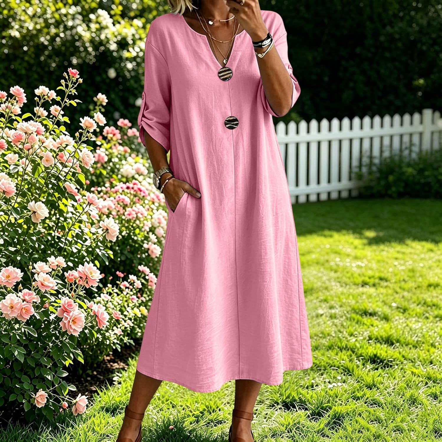 Womens Plus Size Button V Neck Midi Dress 3/4 Length Sleeve Dresses 2026 Summer Casual Sundress with Pocket